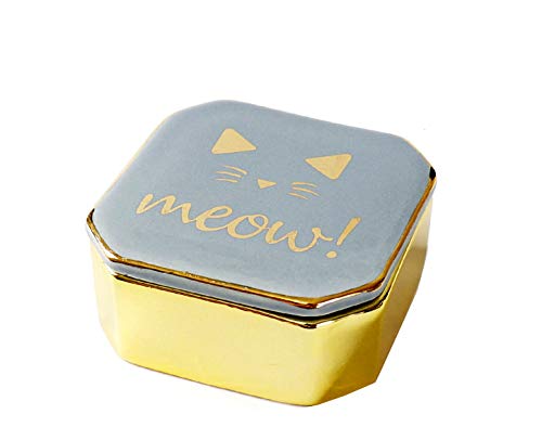 Elegant Small Ceramic Gold Plated Jewelry Box - Sweet Trinket Storage for Rings, Necklaces & Keepsakes (Blue Cat Design) - Perfect for Dresser, Vanity & Gift Giving