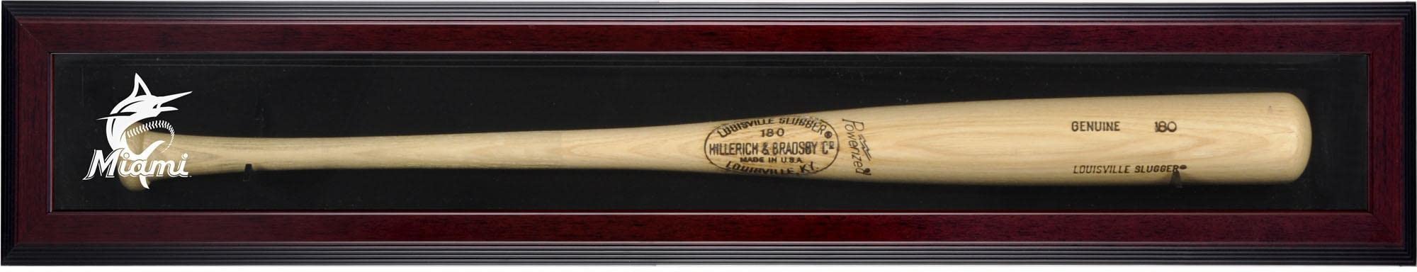 Miami Marlins 2019 Logo Mahogany Wood Framed Baseball Bat Display Case - Single Bat Holder for Collectors, Sports Memorabilia - Perfect for Home, Office, or Man Cave Decor
