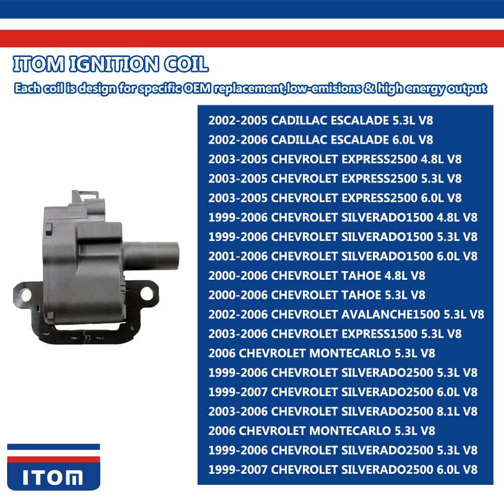 ITOM Ignition Coil Pack T0137 UCA2860 UF192 - Compatible with Cadillac CTS, Chevy Corvette, Suburban, Silverado, Camaro, Pontiac, Sierra, Savana, Yukon, Workhorse (5.7L 6.0L 7.4L 8.1L V8 LS6) - High Performance Replacement Part for Smooth Engine Operation