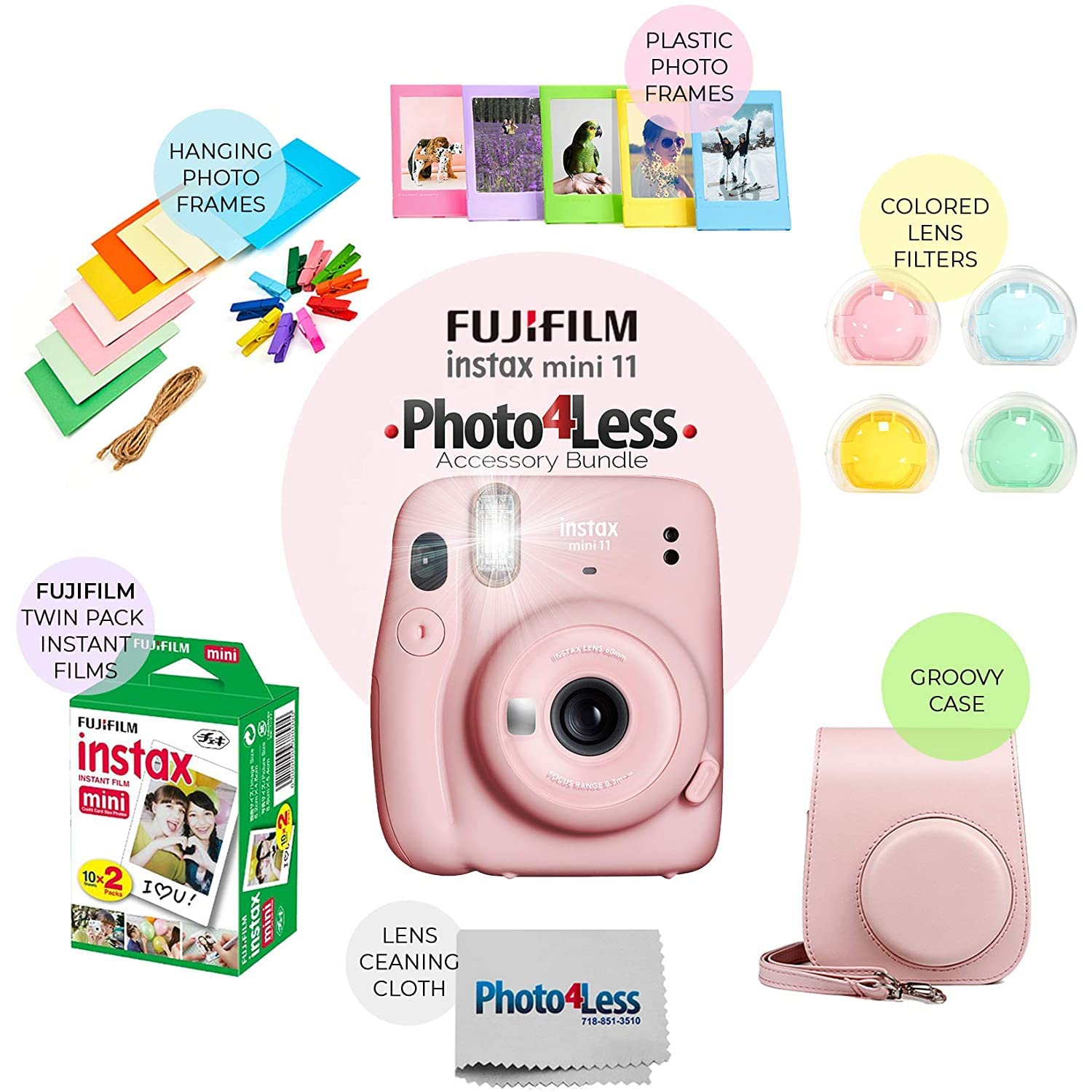 Fujifilm Instax Mini 11 Instant Camera Bundle with Twin Pack Film, Hanging Frames, Plastic Frames, Case & Close-Up Filters - Blush Pink | Perfect for Parties, Travel & DIY Photo Gifts