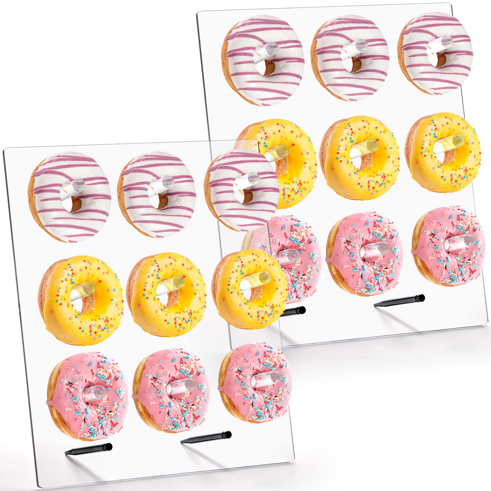 Upgraded 2 Pack Clear Acrylic Donut Wall Display Stand with 9 Pillars - Rectangular Bagel Holder Board for Wedding, Baby Shower, Bridal Shower & Party Treats - Sturdy Non-Tip Design - Perfect for Dessert Displays, Bakery Showcases & Sweet Table Decorations