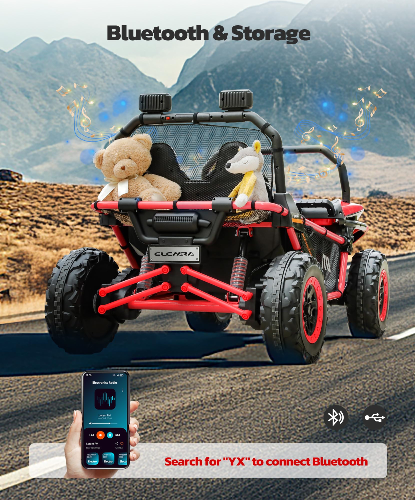 **ELEMARA 24V 2 Seater Kids Electric Ride-On Car - 10AH 4WD UTV Toy with Remote Control, Bluetooth, LED Lights, 3 Speeds & Music - Spring Suspension & Storage - Perfect for Ages 3-8 - Fire Red - Ideal for Outdoor Play, Birthday Gifts & Family Fun**