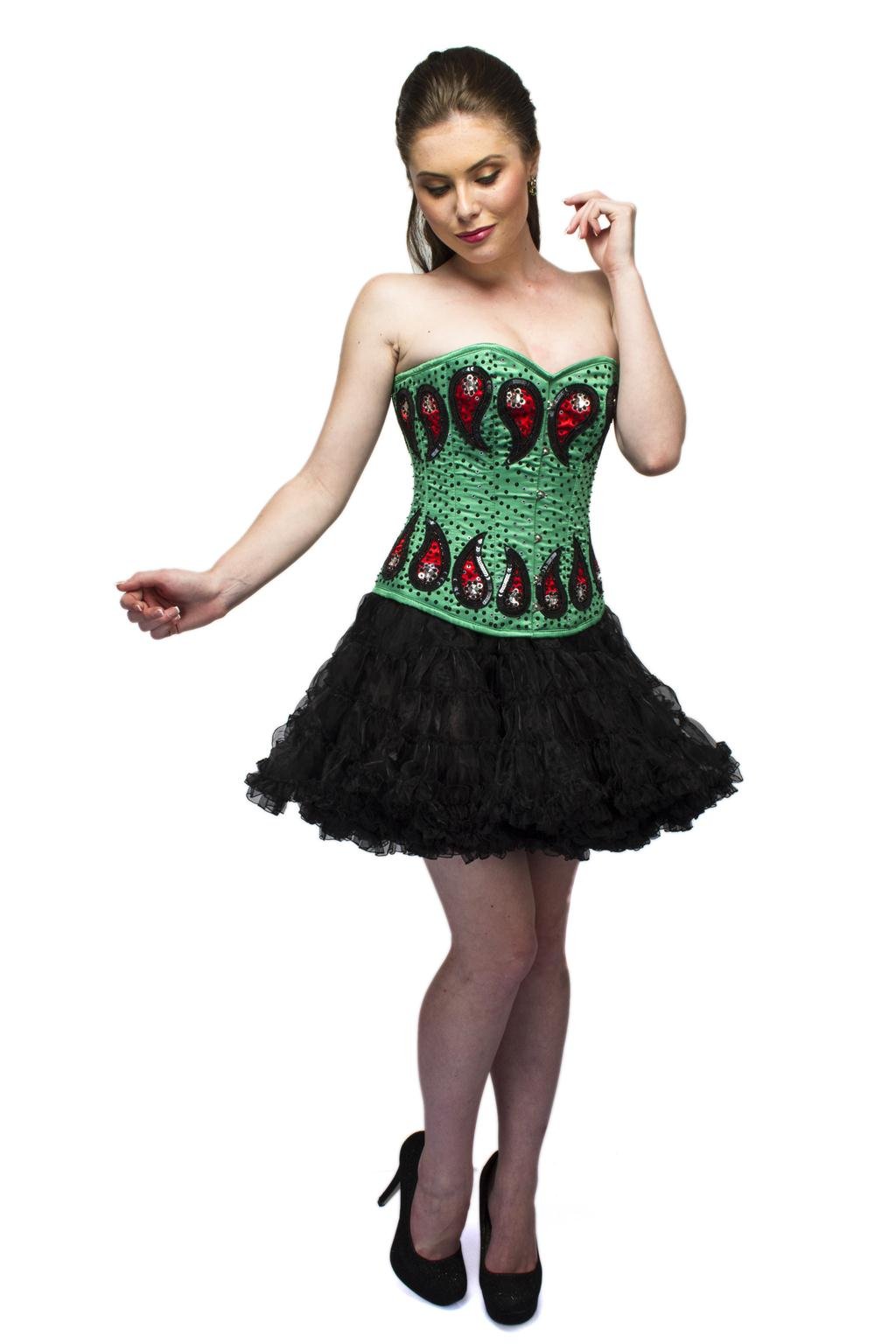 Elegant Gothic Burlesque Corset Dress - Green Satin with Red & Black Sequins Overbust Tutu Skirt for Cosplay, Halloween & Burlesque Performances