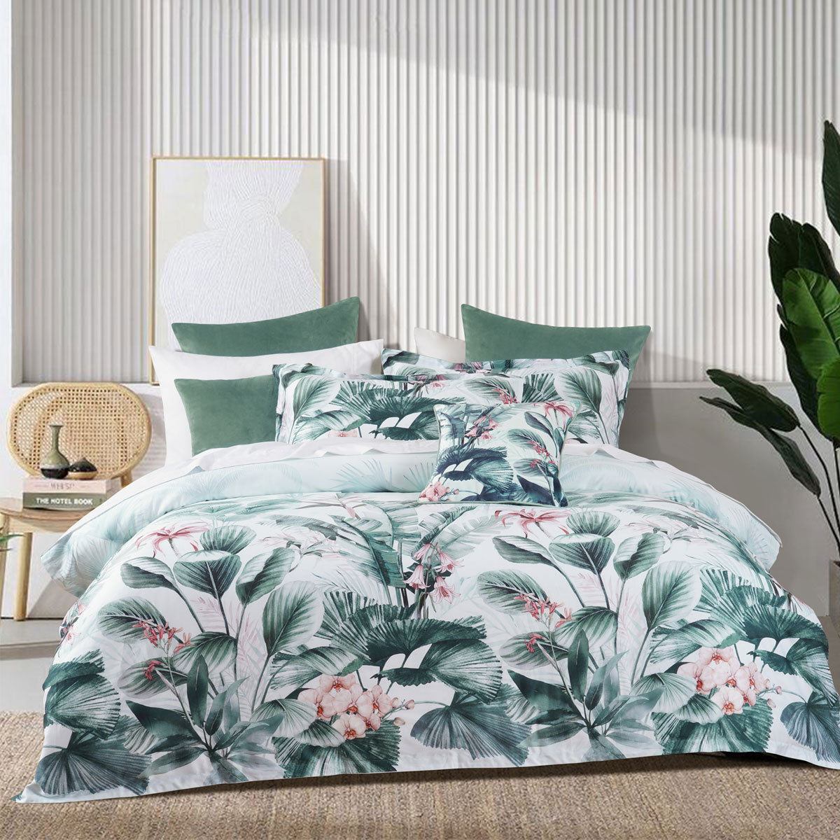 Bianca Abbey Green Cotton Sateen Tropical Floral Quilt Cover Set - Queen Size Bedding for Master Bedroom & Guest Room Decor