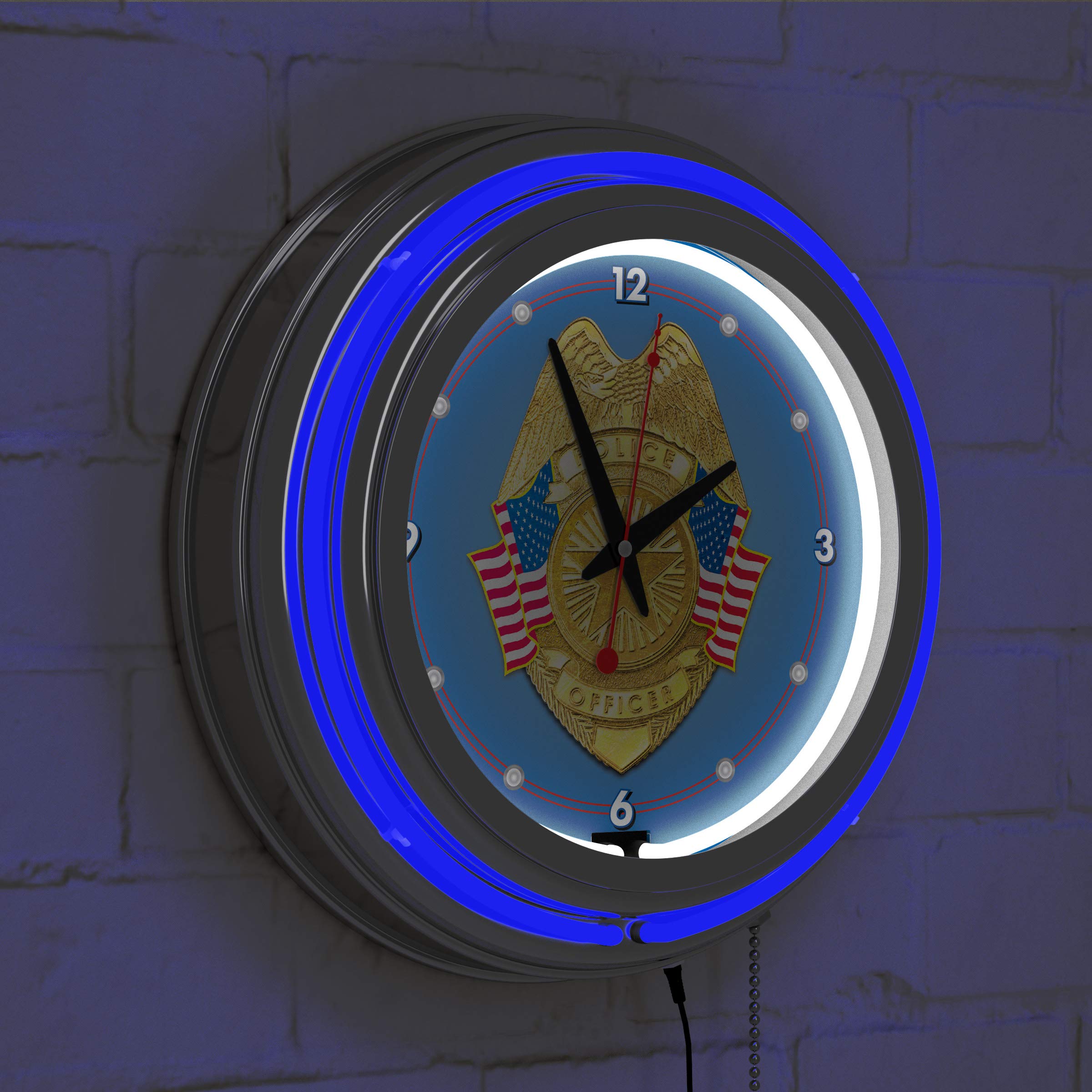 Police Officer Chrome Double Ring Neon Clock - Stylish Wall Decor for Home, Office, or Police Station