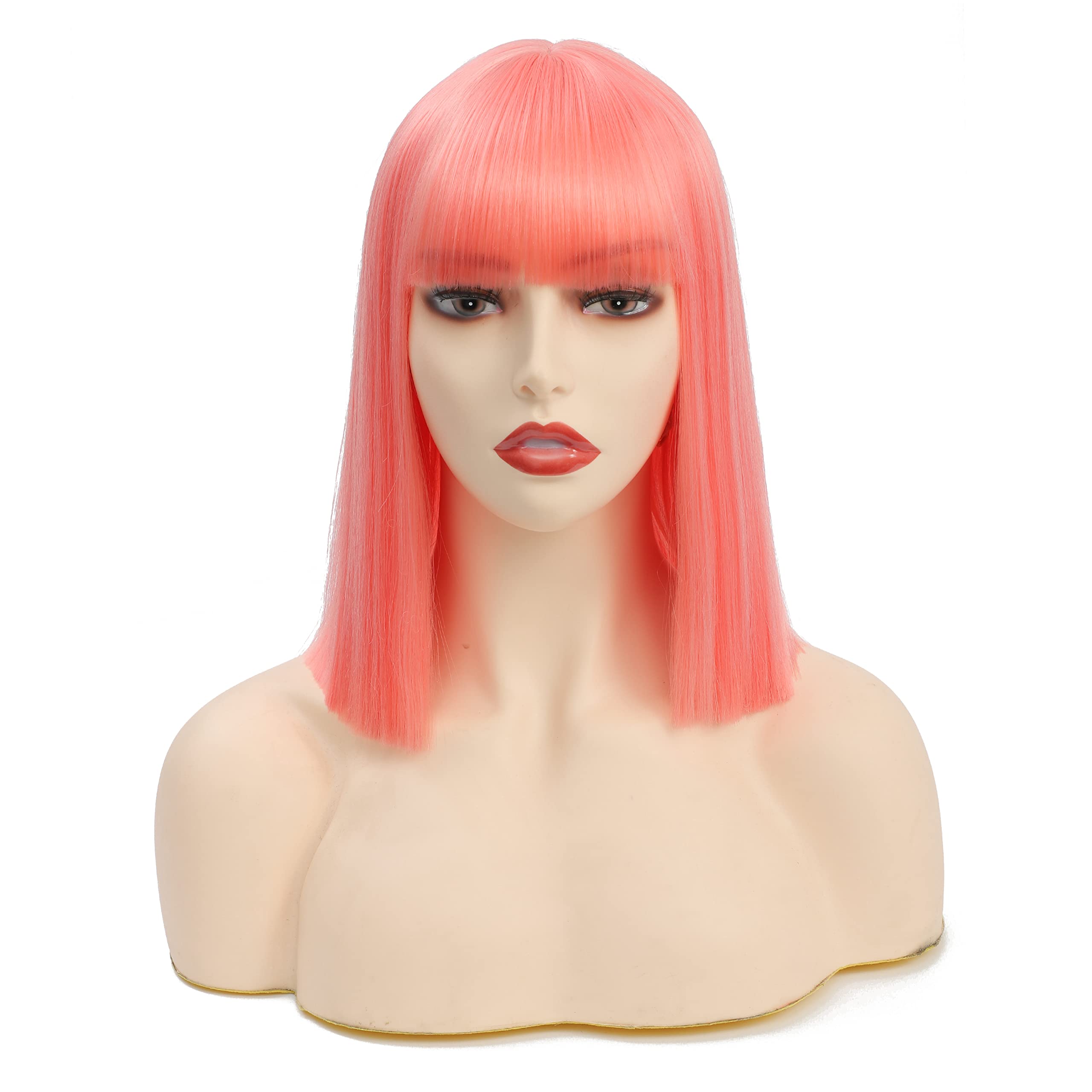 14 Inch Blunt Straight Synthetic Short Wig with Bangs for Women - Pink Halloween Party Cosplay Wig | Perfect for Costumes, Cosplay, Themed Parties & Daily Fashion