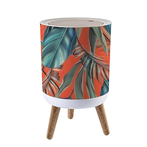 QOR88NJOG 7L/1.8 Gallon Seamless Trash Can with Press Cover - Tropical Flower & Leaf Retro Botanical Design - Stylish Wood Small Waste Bin for Kitchen, Bathroom, Bedroom | Perfect for Home, Office & Dorm Decor