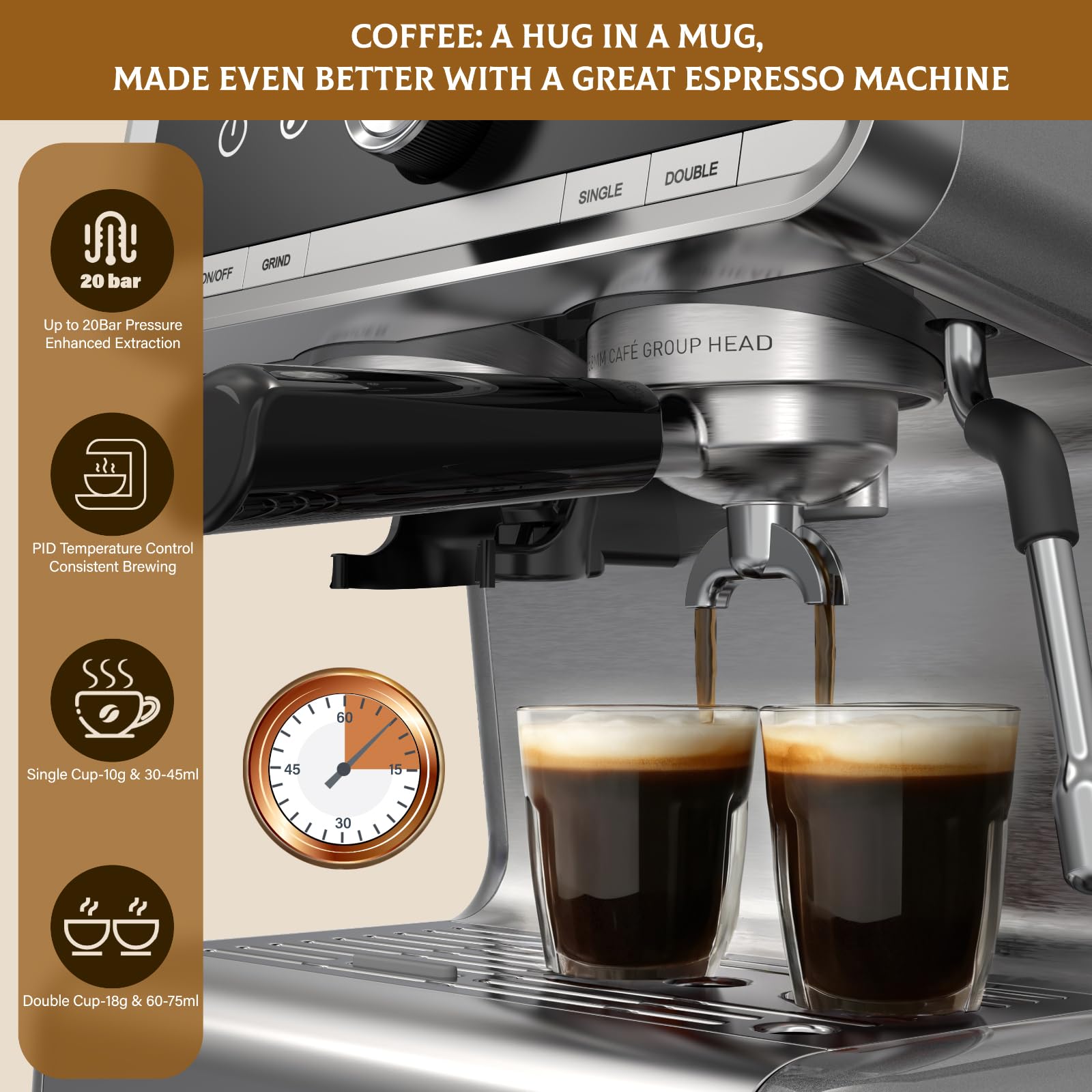 20 Bar Espresso Machine with Built-in Grinder & Steam Wand - Professional All-in-One Home Coffee Maker for Latte & Cappuccino, Light Gray - Perfect for Kitchen, Office & Small Spaces