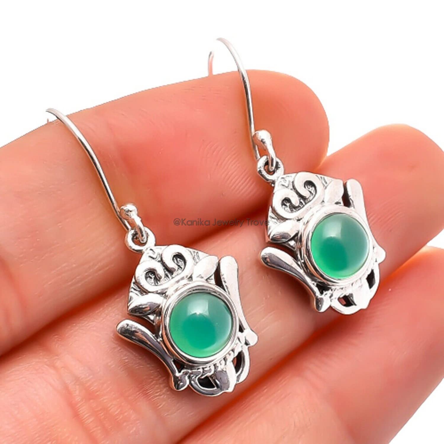 Green Onyx Gemstone Sterling Silver Dangle Earrings for Women - Bezel Set Ear Wire Drop Earrings - Elegant Bridesmaid Jewelry & Christmas Gift - Perfect for Weddings, Parties, and Special Occasions