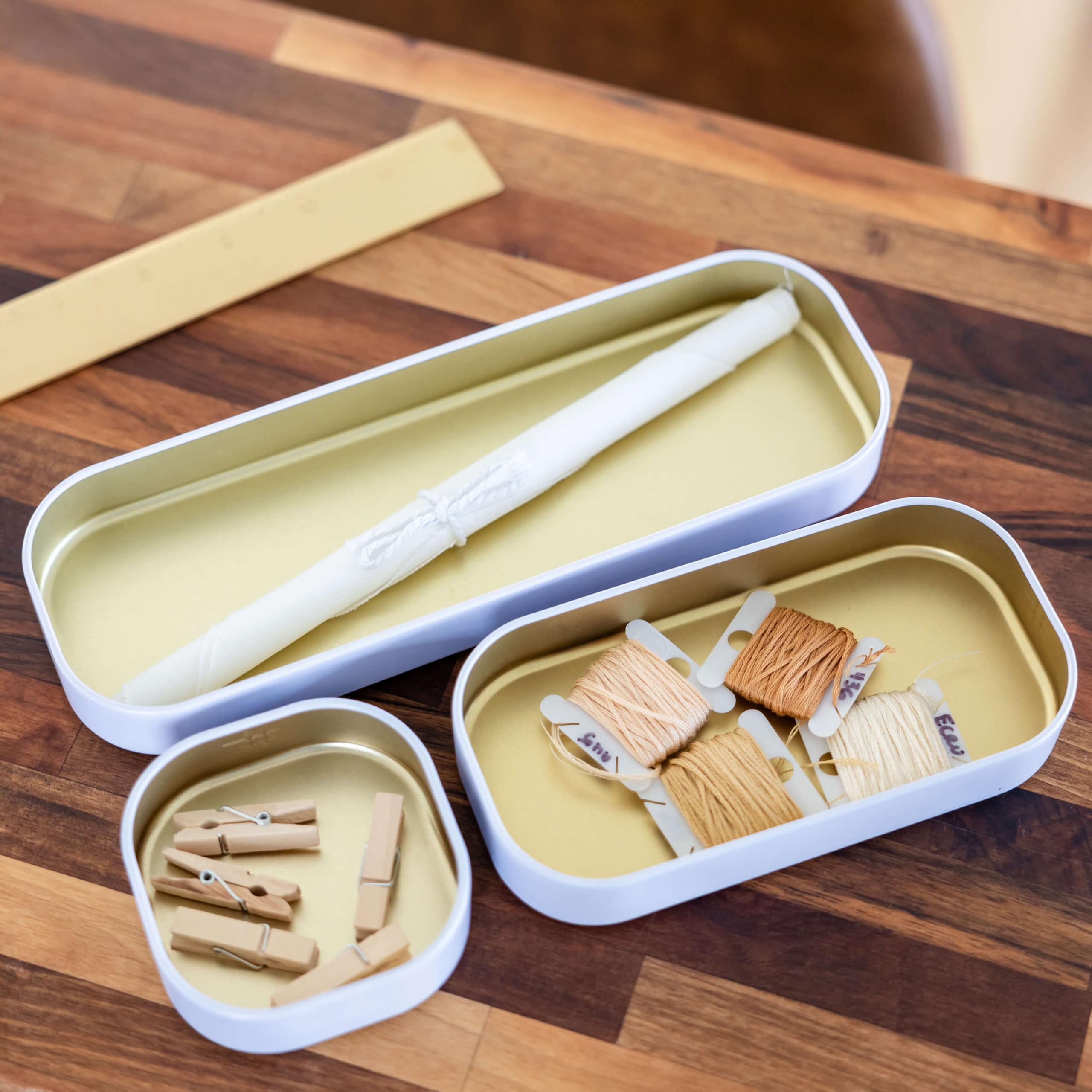 3-Piece Shallow Metal Organizer Tray Set - Gold & White (1 Inch) for Makeup, Stationery, Kitchen Utensils | Perfect for Office Desk, Bathroom & Kitchen Drawer Storage | Three by Three Seattle Collection