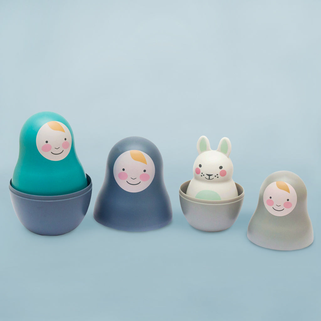 Pastel Blue Nesting Baby Dolls with Chiming Bunny - Soft & Cuddly Infant Toys for Newborns & Toddlers - Perfect for Nursery Decor, Baby Showers, and Early Learning Playtime