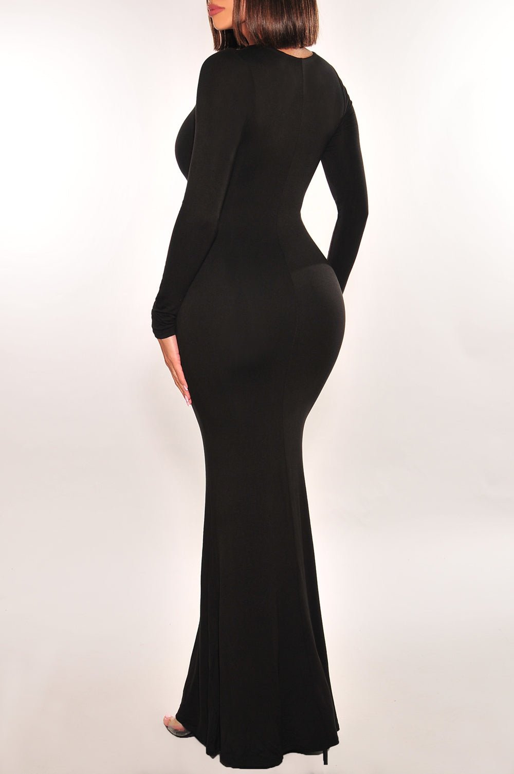 Elegant Black Long Sleeve Round Neck Mermaid Dress for Women - Perfect for Evening Parties, Weddings & Special Occasions