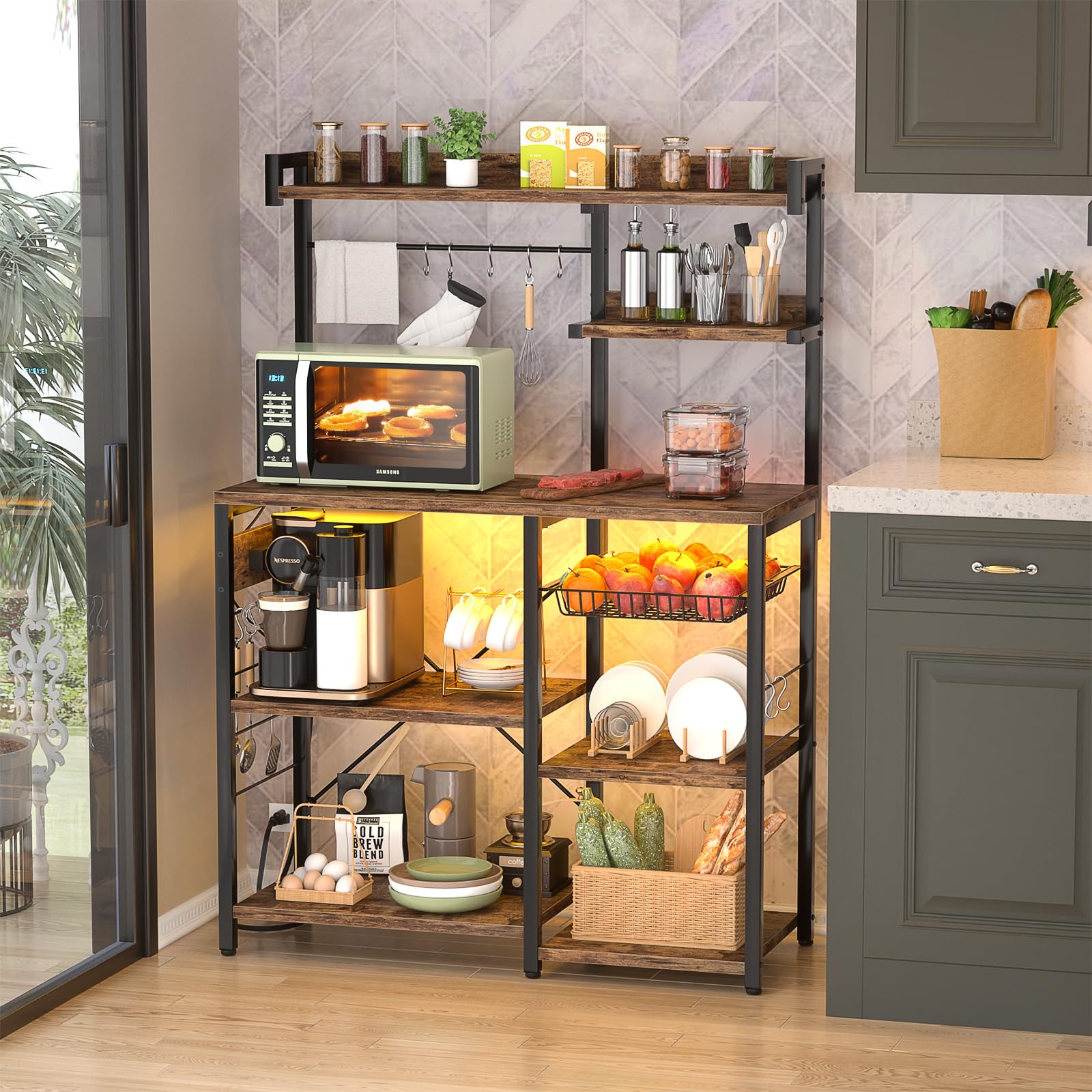 Aheaplus Rustic Brown Bakers Rack with Power Outlet & LED Lights - Microwave Stand, Kitchen Storage Shelf with Wire Baskets, Coffee Bar Station & 10 Hooks for Spices & Pots - Perfect for Small Kitchens, Apartments & Coffee Stations