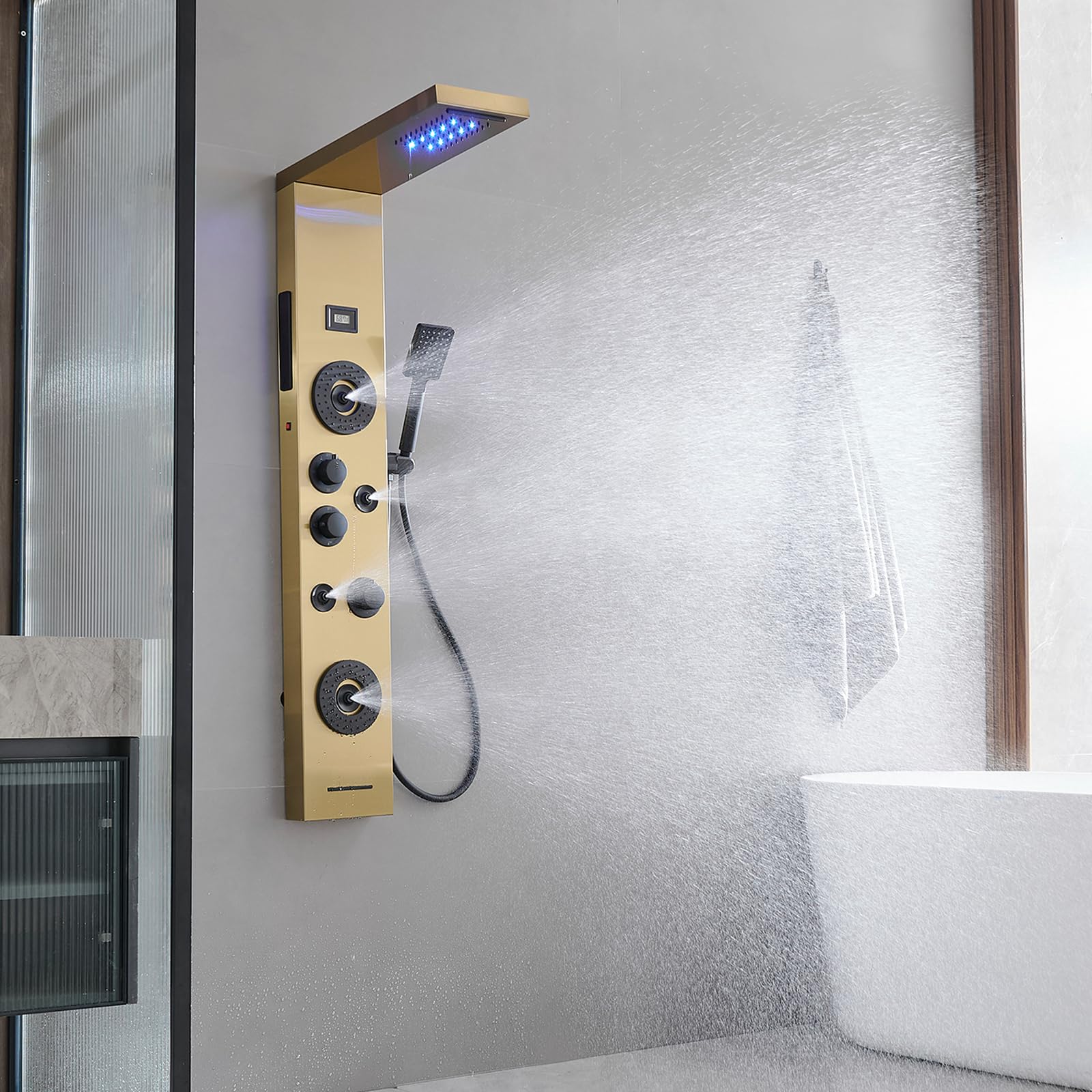 Brushed Gold LED Rainfall Shower Panel System - 6-Function Body Massage Shower Tower with Temperature Display | Wall Mount Bathroom Fixture for Luxurious Spa Experience