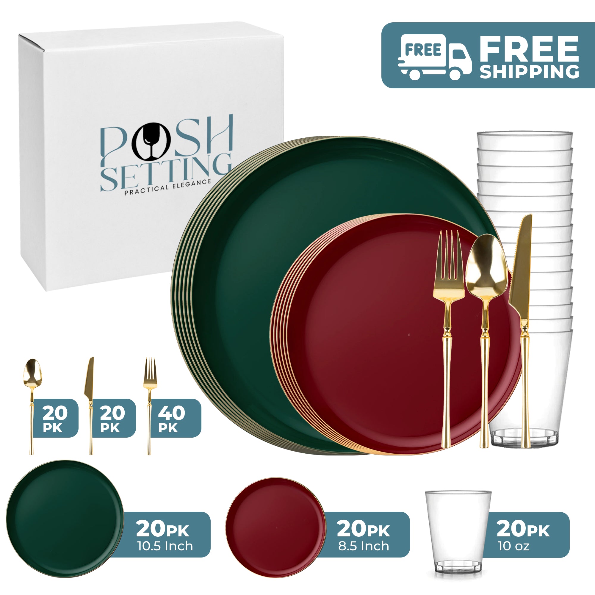 Premium Plastic Christmas Party Plates Set - Cranberry & Green with Gold Rim, Elegant Holiday Dinnerware for Festive Gatherings, Xmas Celebrations & Special Occasions