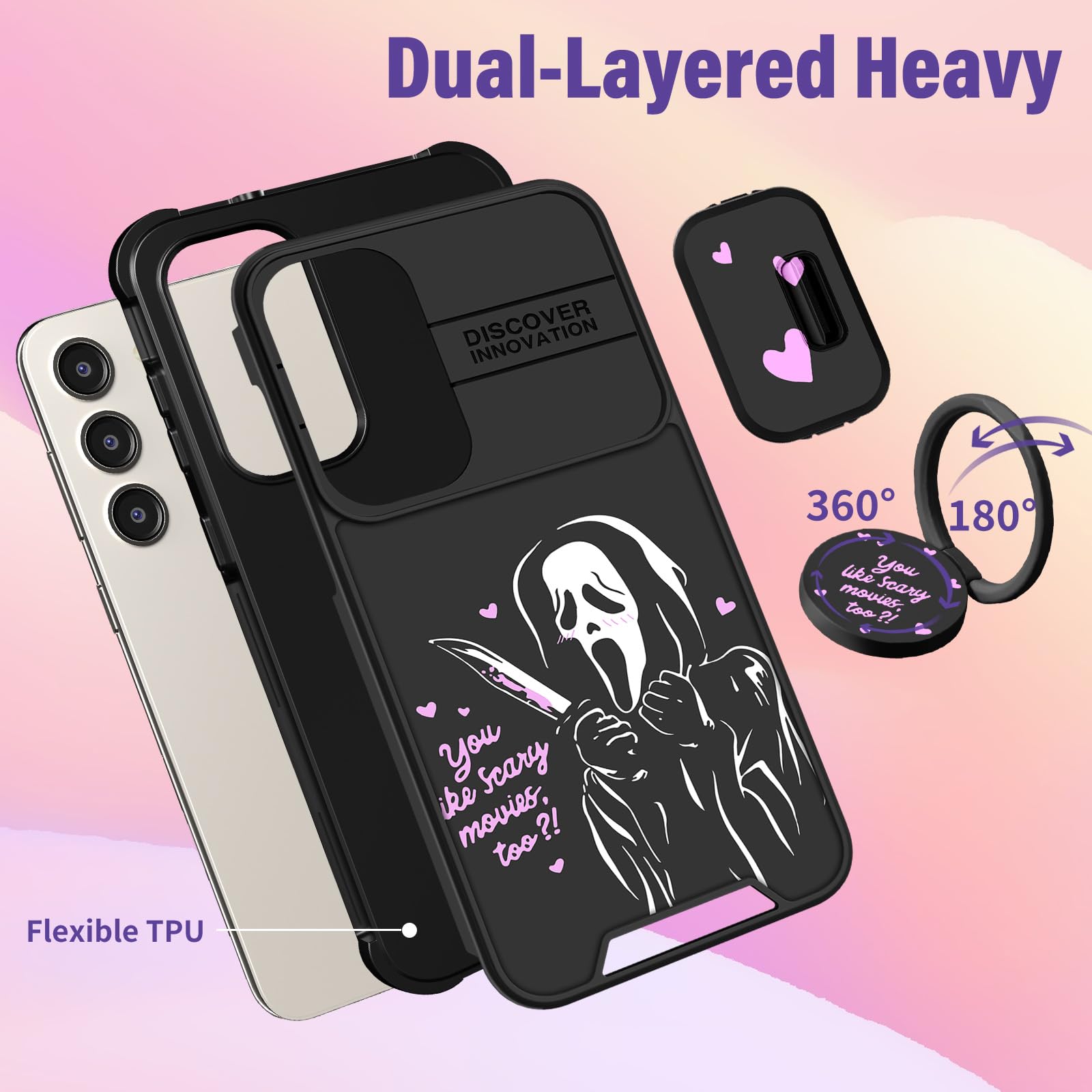 Cute Cartoon Samsung Galaxy S23 Case for Women - Shockproof Protective Phone Cover with Camera Cover & Ring Stand | Girly Heart Skull Design | Perfect for Daily Use, Work & Travel