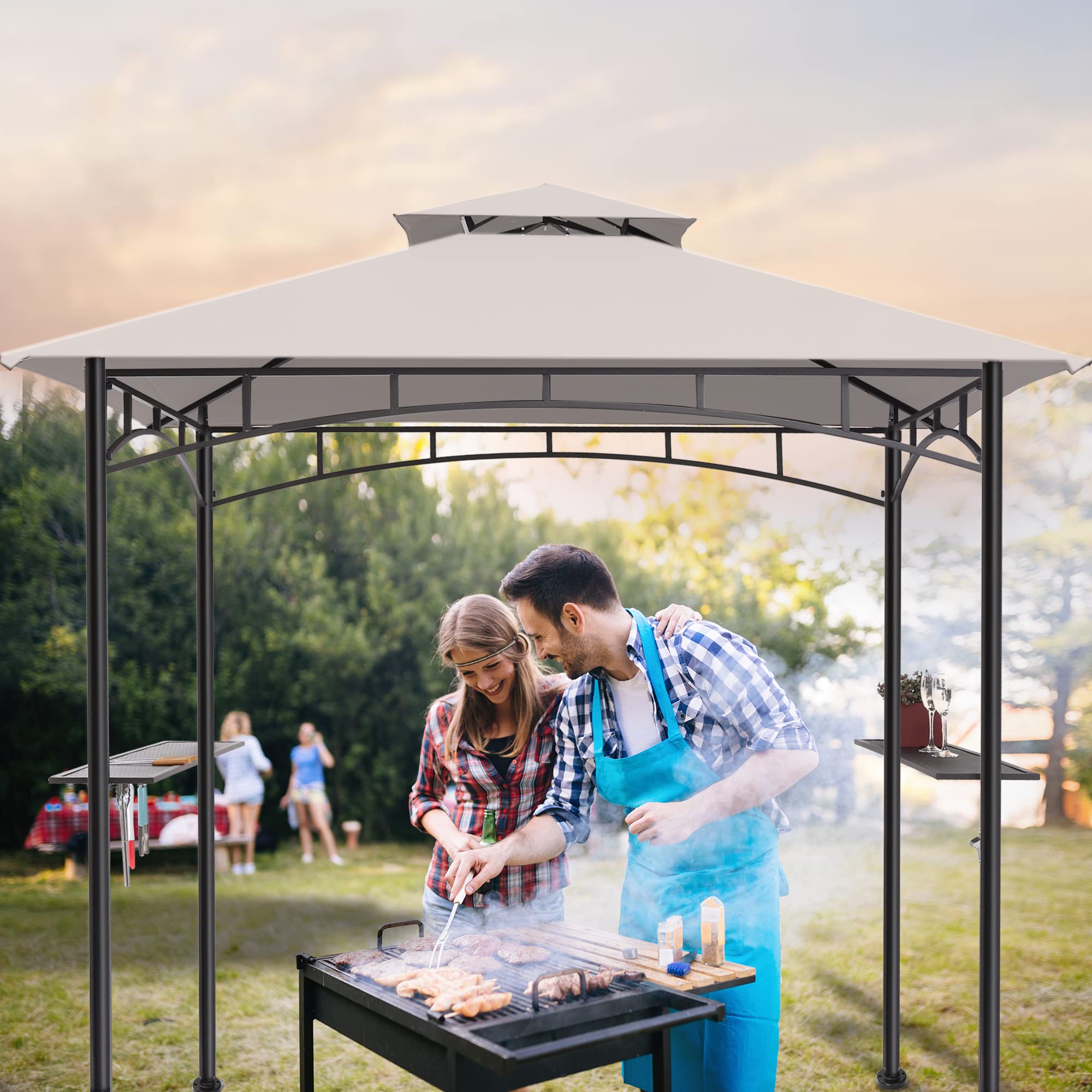 5x8 Grill Gazebo Canopy with Shelves & 2 LED Lights - Waterproof Outdoor BBQ Shelter for Patio, Backyard, Garden - Grey FAB BASED Gazebo for Cooking, Dining & Entertaining