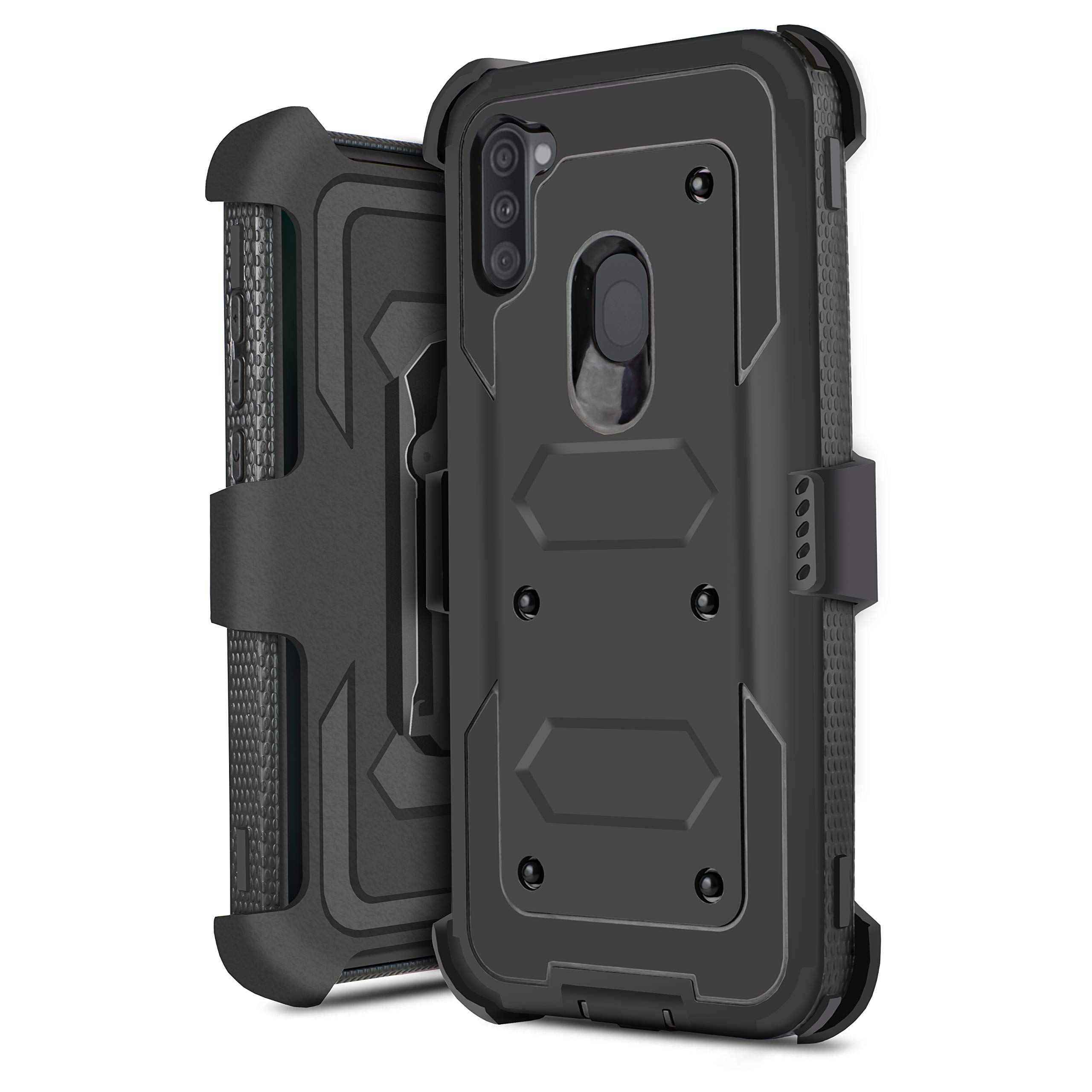 Heavy Duty Samsung Galaxy A11 Case with Rotating Belt Clip Holster - Dual Layer Shockproof Phone Cover with Built-in Kickstand & Screen Protector - Perfect for Construction, Outdoor Work & Active Lifestyles (Black)
