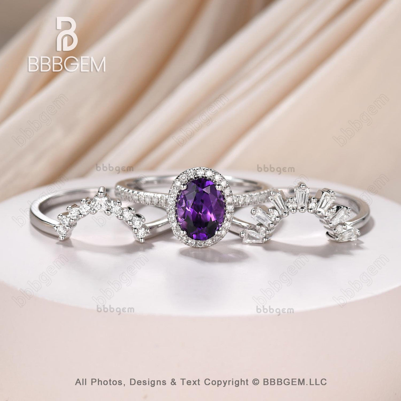 3pcs Vintage Oval Cut Purple Natural Amethyst Bridal Set Diamond Wedding Band Cocktail Ring for Women - Elegant Jewelry Gift for Brides, Engagement, Anniversary & Special Occasions