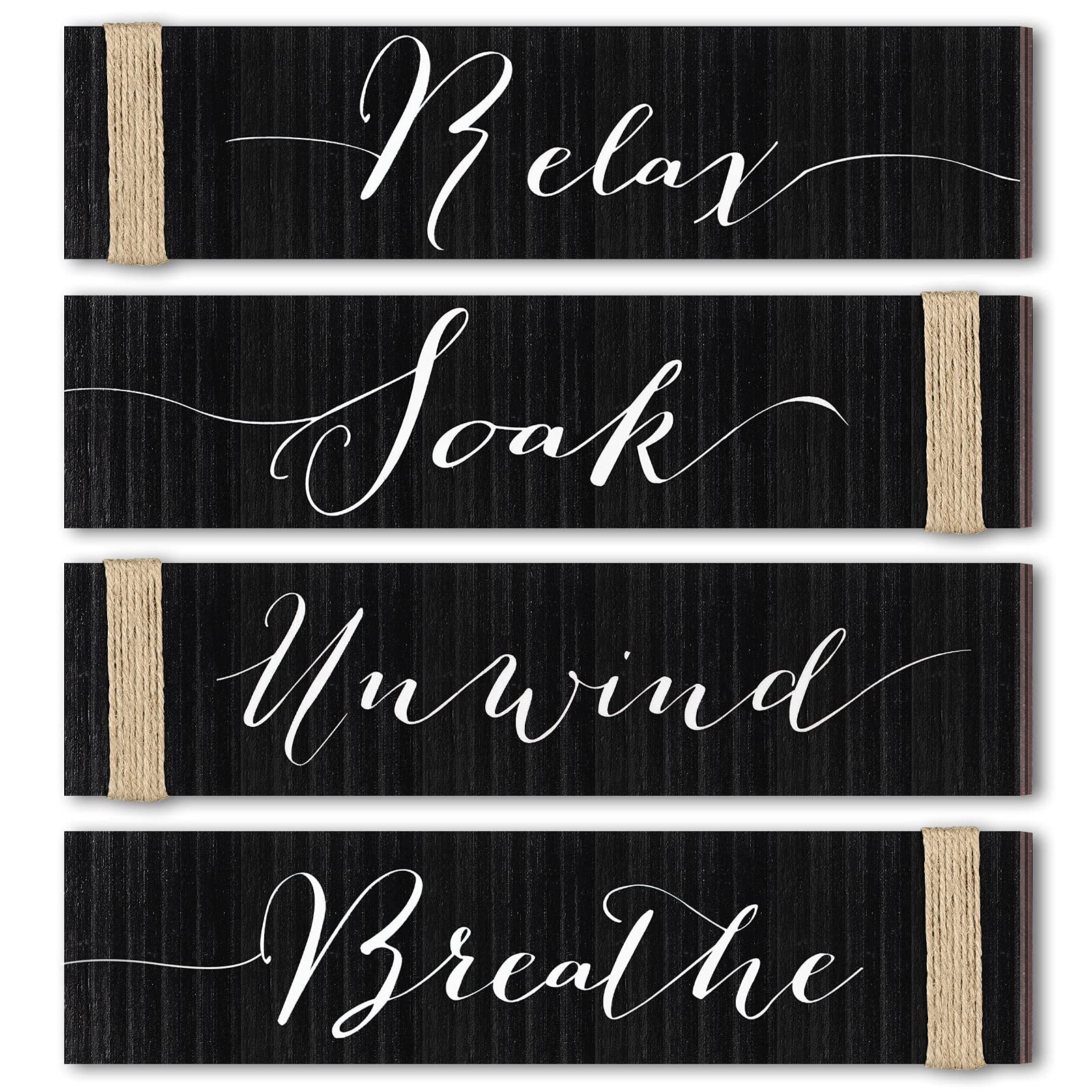 Jetec 4-Piece Farmhouse Bathroom Wall Art Set - Rustic Wood Signs with 'Relax Soak Unwind Breathe' Quotes - 11.8 x 3 Inch Black Bathroom Decor for Home, Spa & Guest Bathrooms - Perfect for Farmhouse, Cottage & Modern Bathroom Styles
