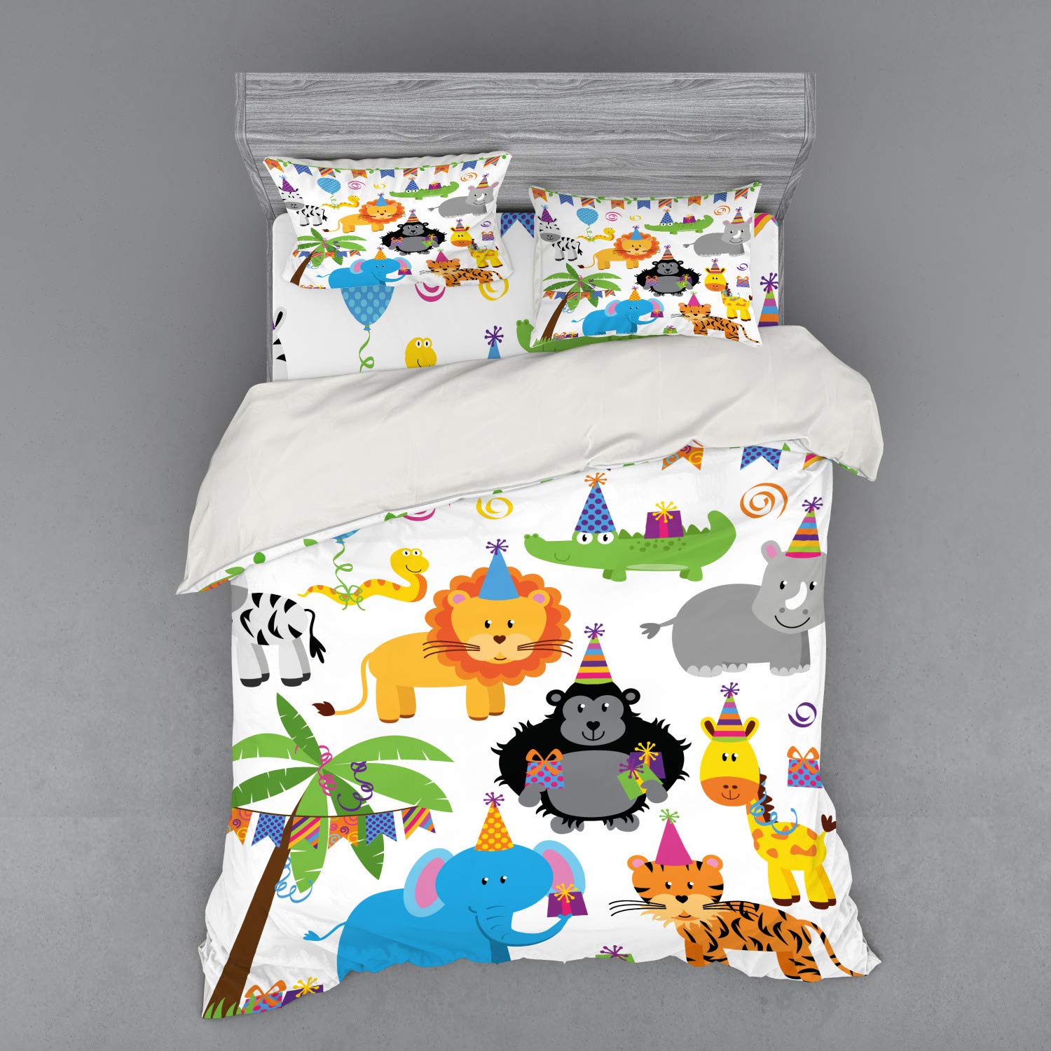 Ambesonne Cartoon Jungle Wild Savannah Animals Duvet Cover Set with Party Hats - 3 Piece Queen Size Bedding Set (Duvet Cover + Sham + Fitted Sheet) - Fun Birthday Theme for Kids Room Decor & Party Decorations