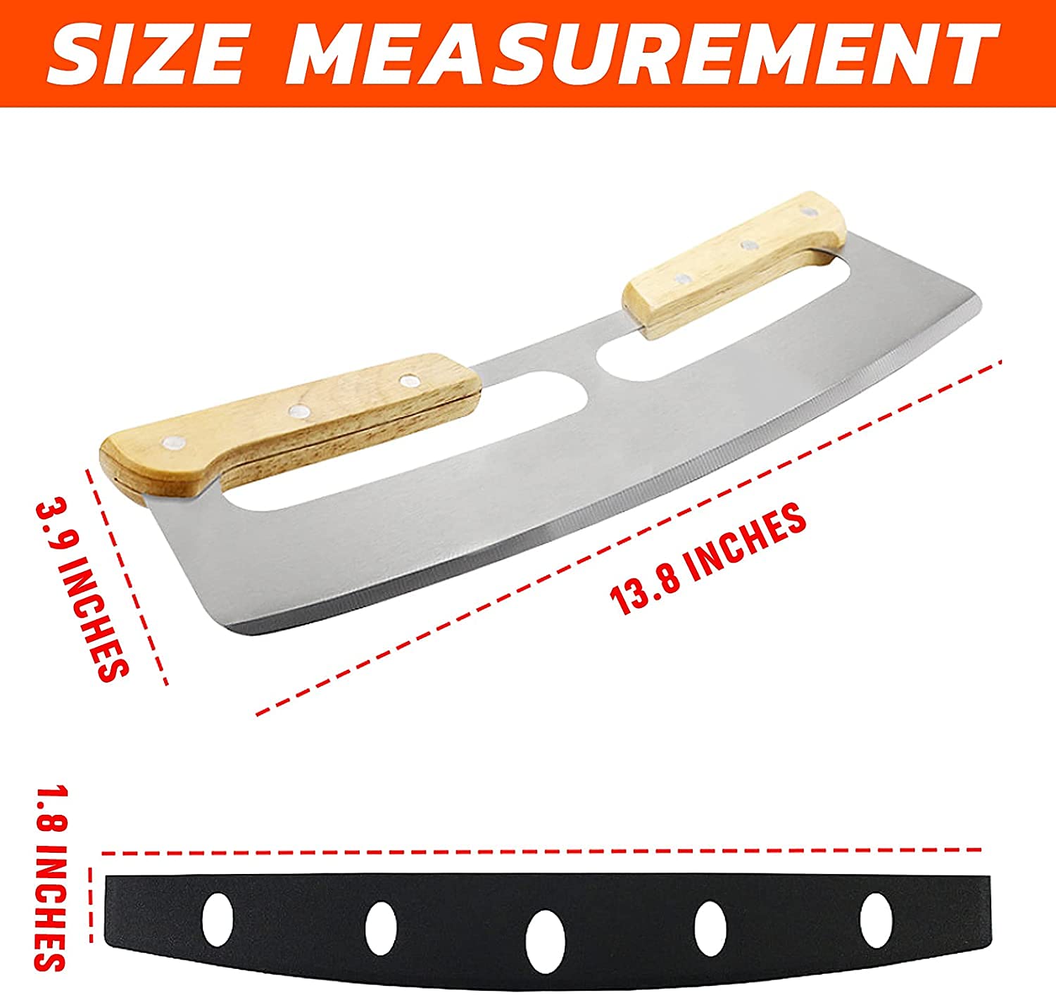 14 Inch Pizza Cutter with Wooden Handle - Professional Mezzaluna Chopper & Salad Knife - Rocker Style Pizza Knife for Perfect Slices - Ideal for Cutting Pizzas, Chopping Herbs, and Preparing Salads at Home or Restaurant