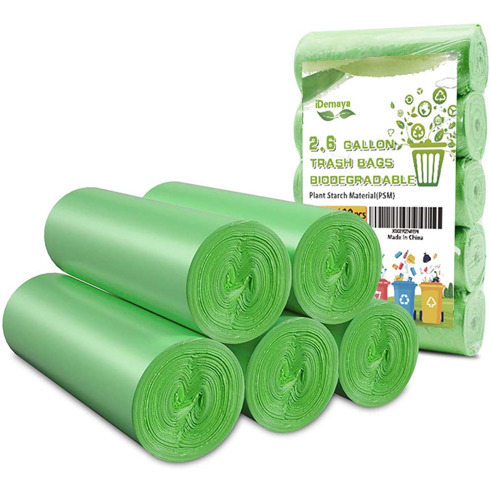 Biodegradable 2.6 Gallon Small Trash Bags - Extra Thick Eco-Friendly Garbage Bags for Kitchen, Bathroom, Office, Car & Pet Waste - 5 Rolls (100 Counts) Green - Perfect for Recycling, Composting & Daily Waste Disposal