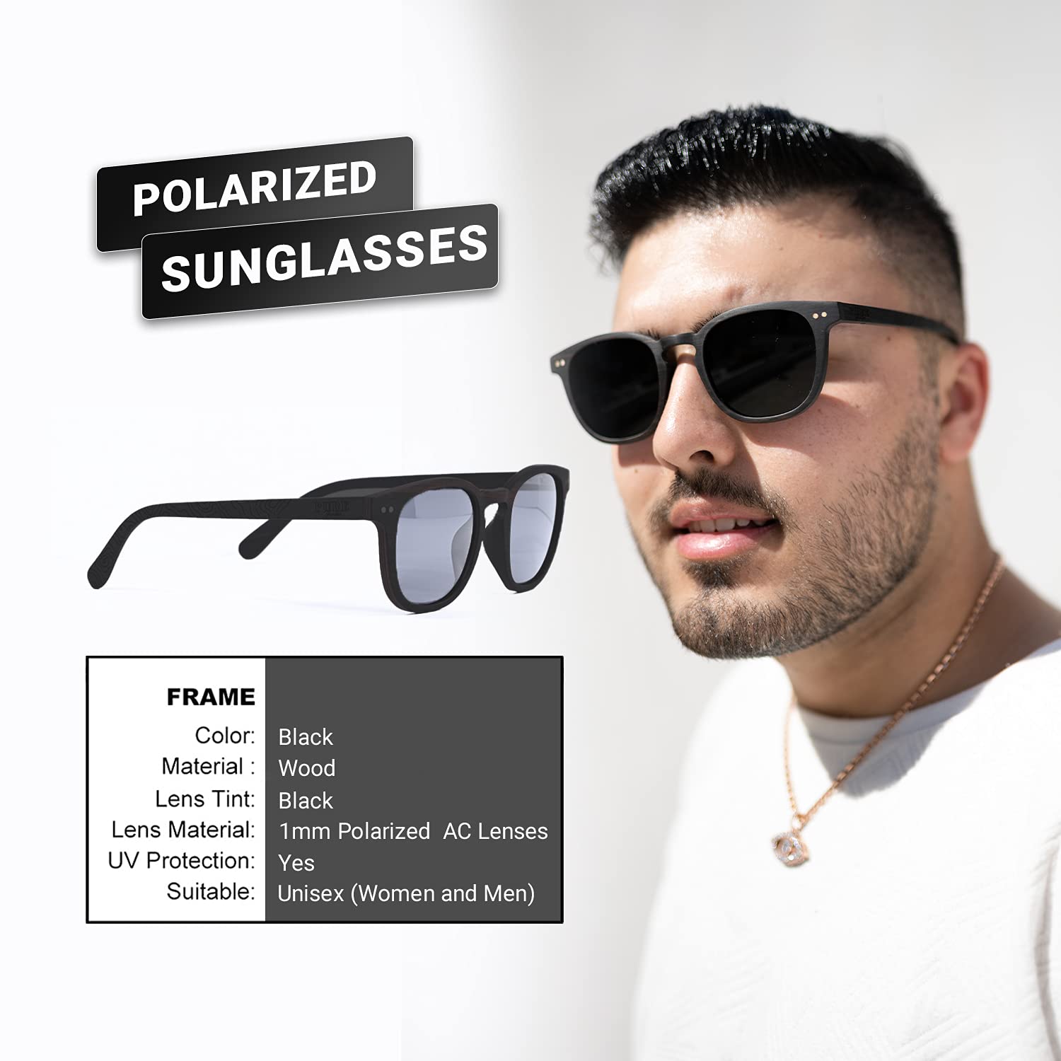Premium Fiji Wood Polarized Sunglasses for Men & Women - UV400 Protection, Black Tinted Lens, Handcrafted Wood Frame - Includes Carrying Case & Cleaning Cloth - Perfect for Beach, Driving & Outdoor Activities