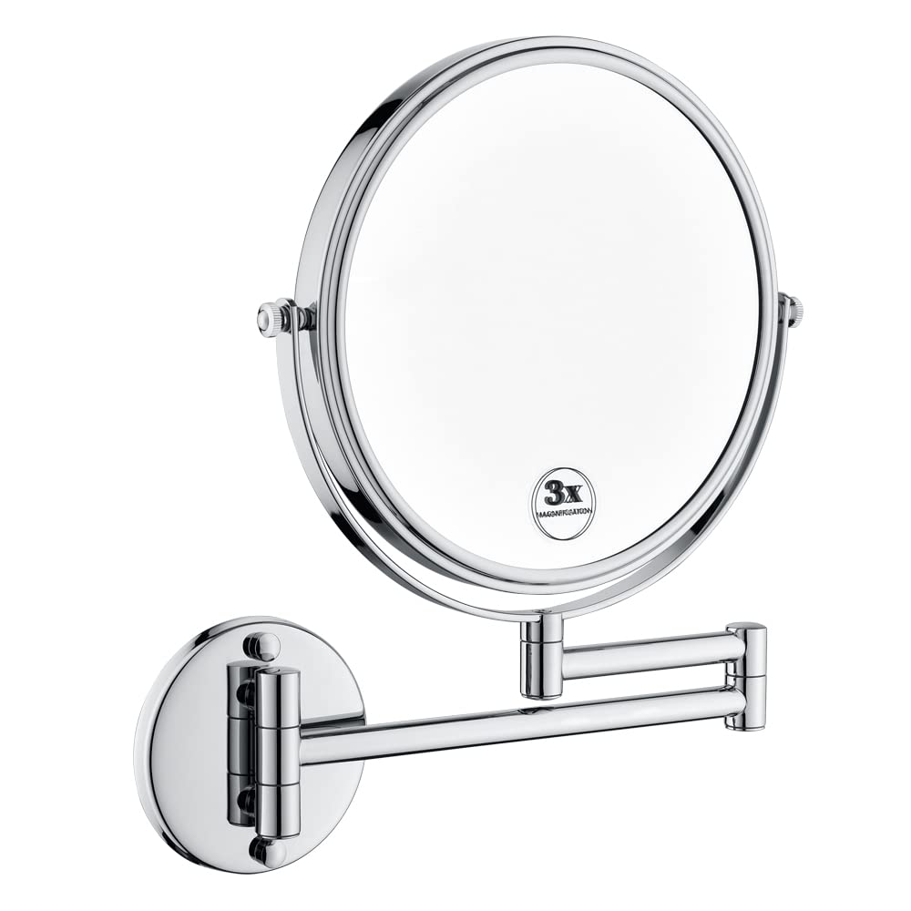 8 Inch LED Wall Mount Two-Sided Magnifying Makeup Vanity Mirror - 12 Inch Extension, 1X/3X Magnification, 360 Degree Rotation, Waterproof, Chrome Finish - Perfect for Shaving, Makeup Application, and Grooming in Bathroom or Dressing Room