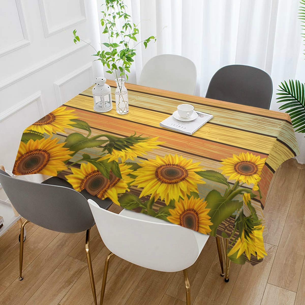 Sunflower Printed Tablecloth - Waterproof Wooden Table Cover for Dining Room & Kitchen Decor - Perfect for Parties, Picnics, and Everyday Use