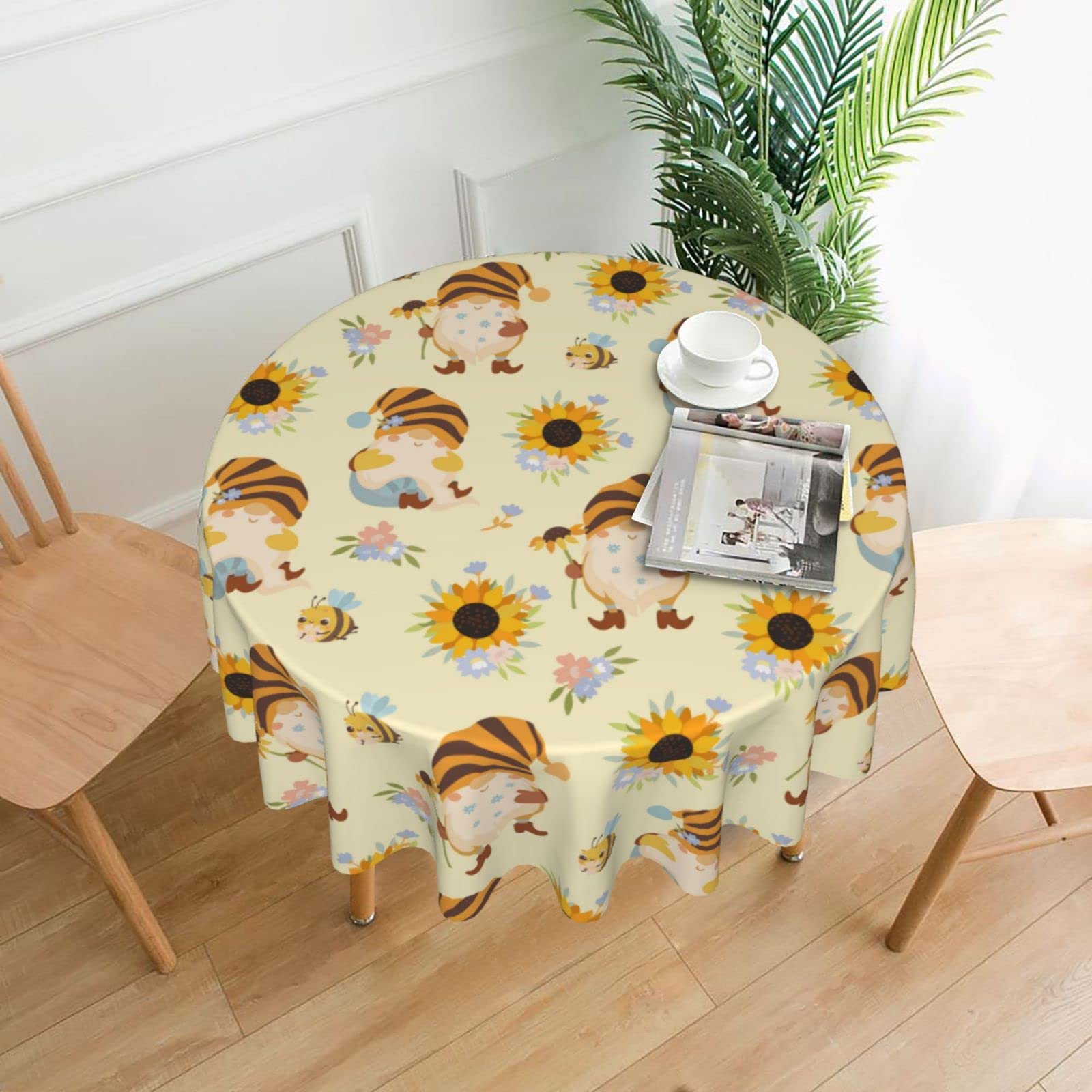 Sunflower Gnome Round Tablecloth - 60 Inch Washable & Reusable Picnic, Dining, Birthday Party Decor for Kitchen, Garden, Pubnico - Perfect for Outdoor Gatherings & Home Decor