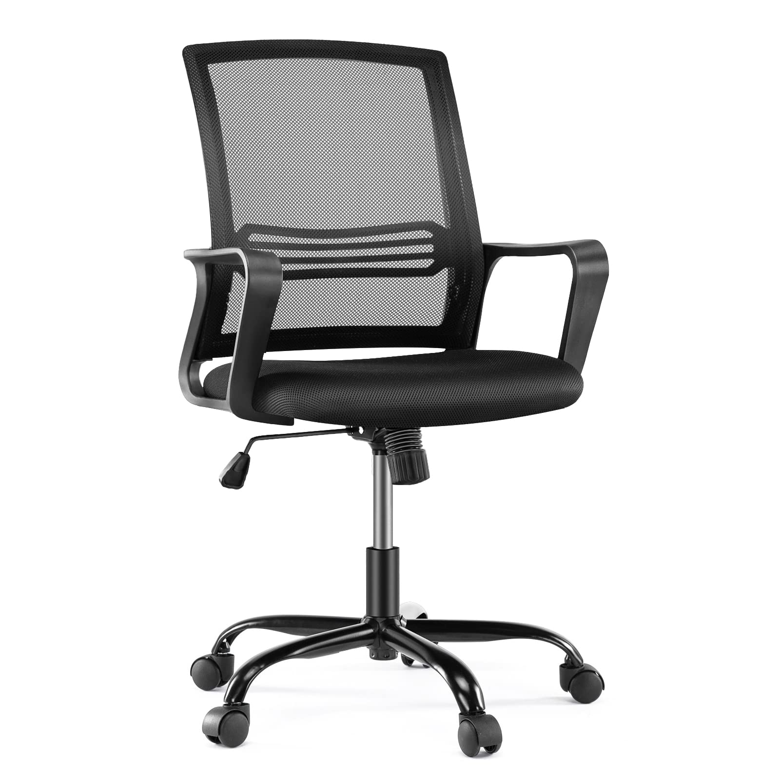 Ergonomic Mesh Office Chair with Wheels & Lumbar Support - Adjustable Mid Back Computer Desk Chair with Armrests, Swivel Rolling Task Chair for Home Office, Black - Perfect for Long Work Hours & Gaming Sessions