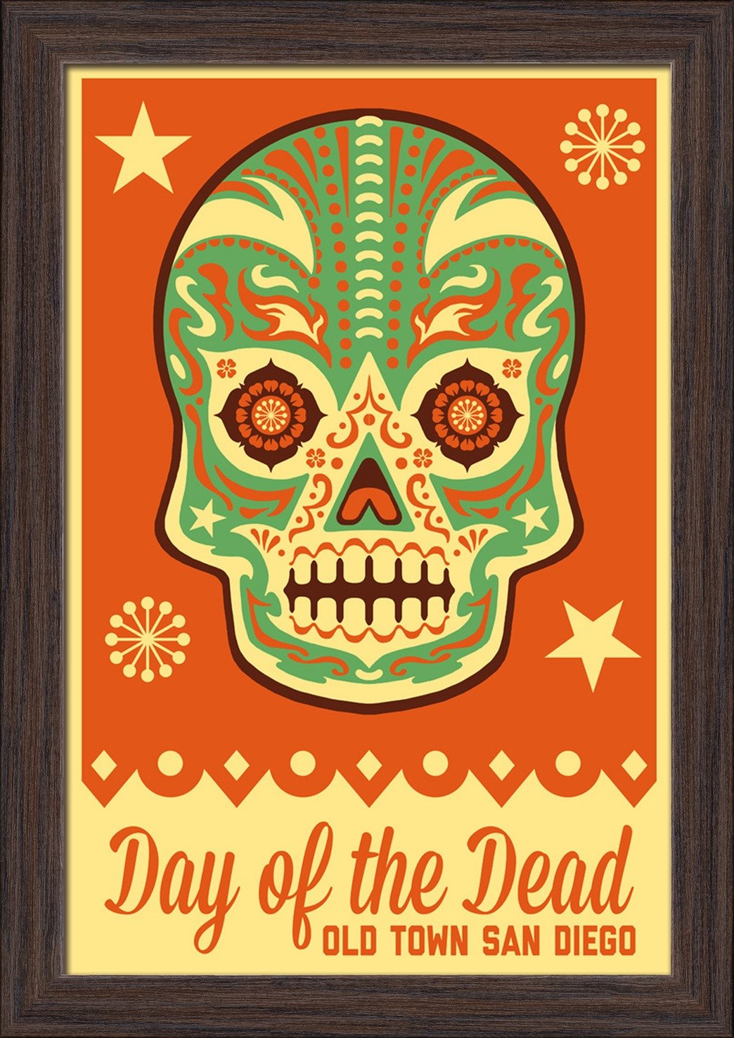 Old Town San Diego Day of the Dead Sugar Skull Mask Art Print - 12x18 Giclee Fine Art on Recycled Wood Frame in Espresso Brown - Perfect for Halloween Decor, Dia de los Muertos Celebration & Gothic Home Decor