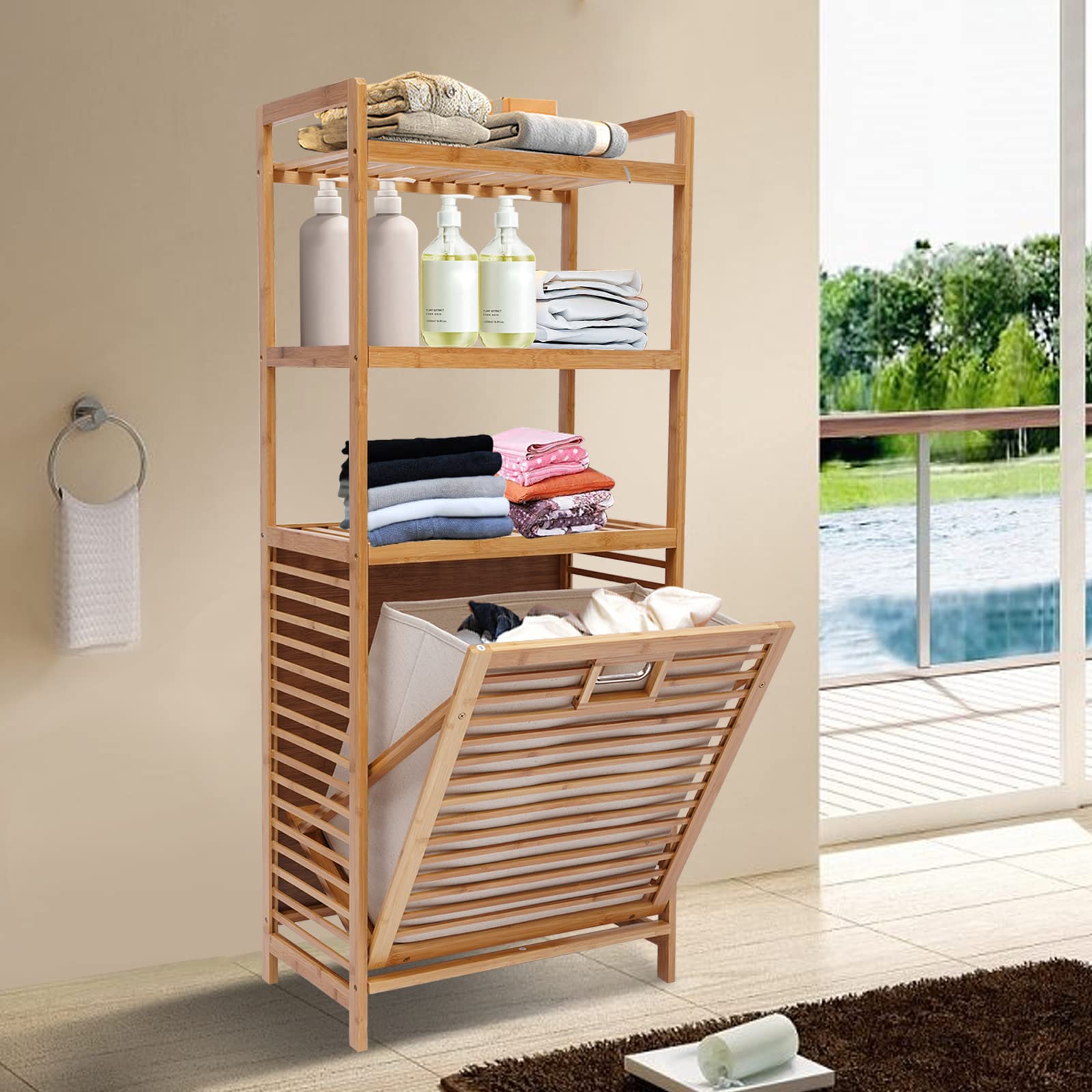 3-Tier Bamboo Laundry Hamper Organizer with Tilt-Out Basket - Space-Saving Storage Shelf for Dirty Clothes - Perfect for Laundry Room, Bathroom, Bedroom & Closet Organization (Natural Wood) - Ideal for Small Spaces & Home Organization Needs
