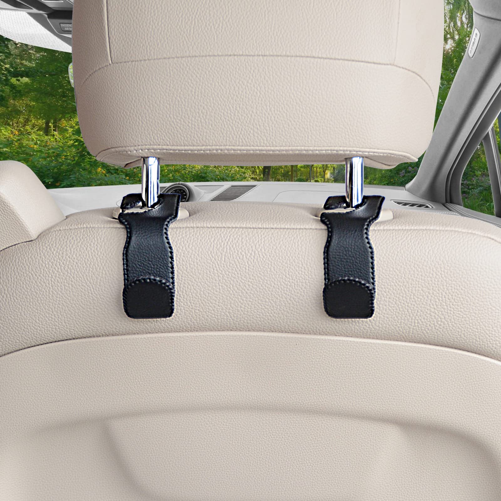 4 PCS Premium Leather Car Purse Hooks - Heavy Duty Car Bag Holder for Back Seat Headrest, Organizer for Coats, Umbrellas & Grocery Bags (Black) - Perfect for Road Trips, Shopping & Daily Commute