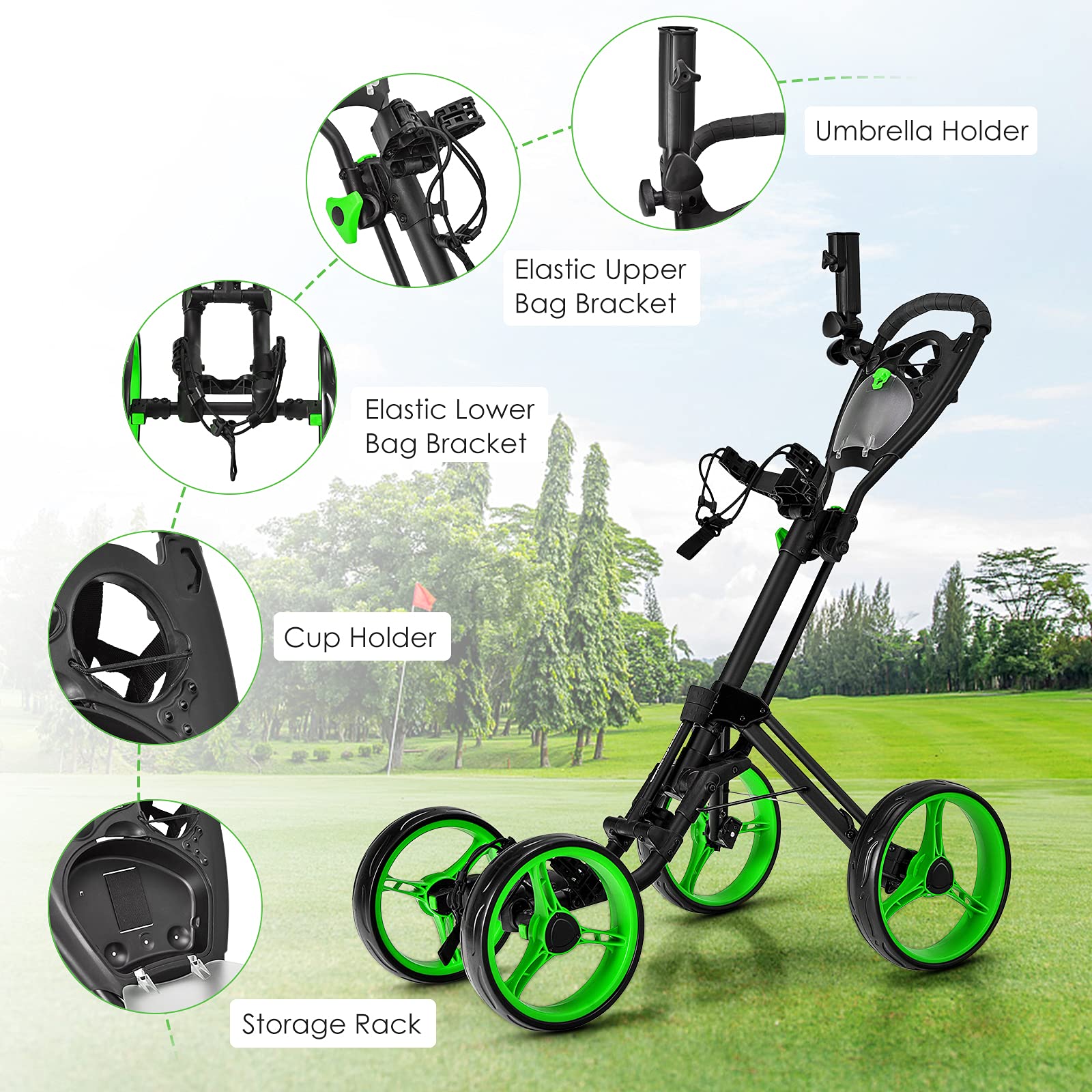 GYMAX 4 Wheel Folding Golf Push Cart - Adjustable Height Golf Trolley with Umbrella Holder, Cup Holder & Foot Brake - Lightweight Portable Golf Caddy for Adults & Teens - Perfect for Course, Driving Range & Practice Sessions