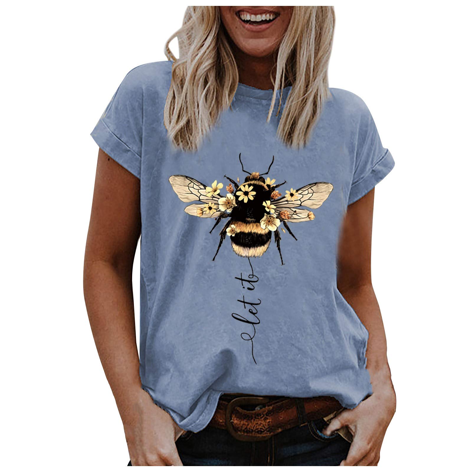 Vintage Let It Bee Graphic T-Shirt for Women - Short Sleeve Summer Casual Tee with Letter Print | Perfect for Teens, Music Festivals & Everyday Wear