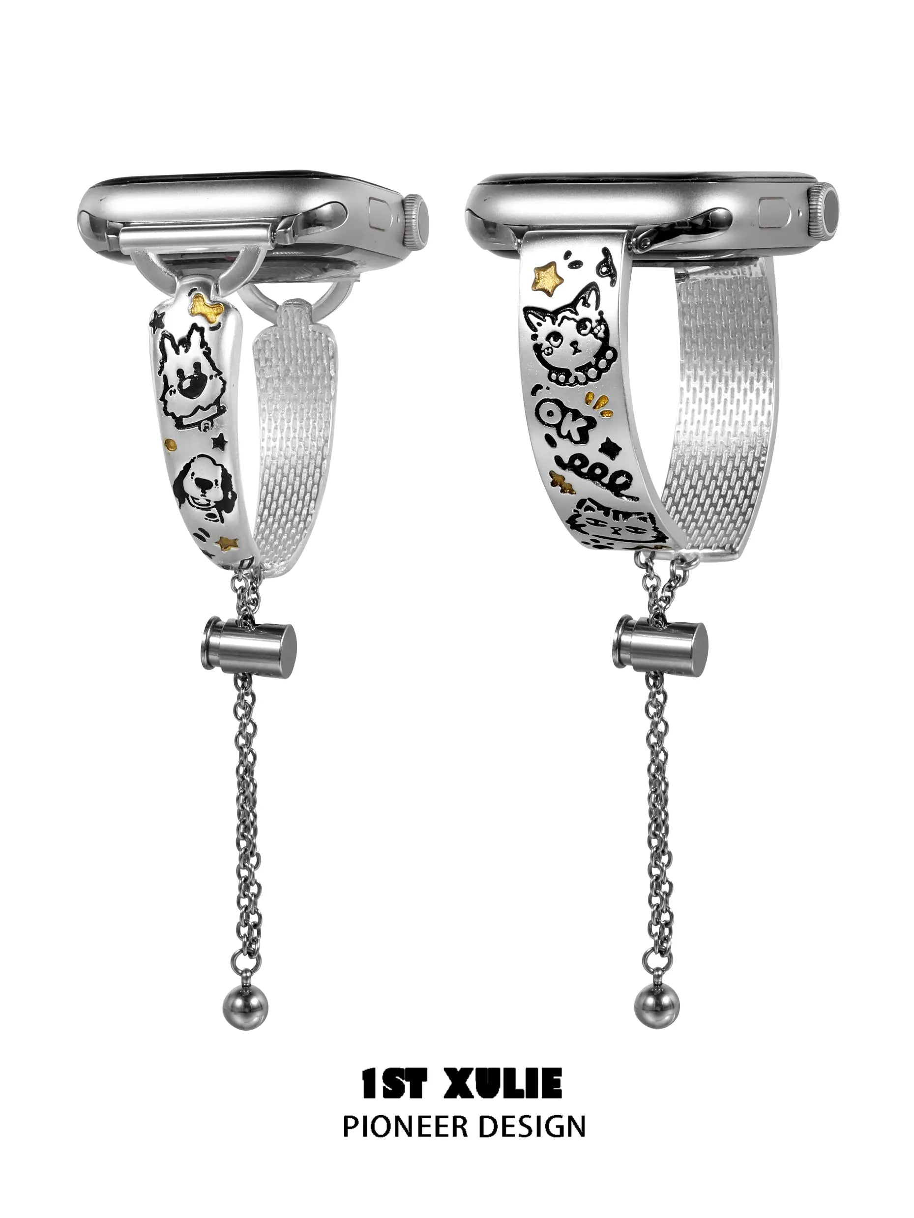 Graffit Kitten Puppy 18k Platinum Plated Metal Apple Watch Band for Women & Men - Stylish & Durable Replacement Strap for Workout, Running, Fashion & Everyday Use
