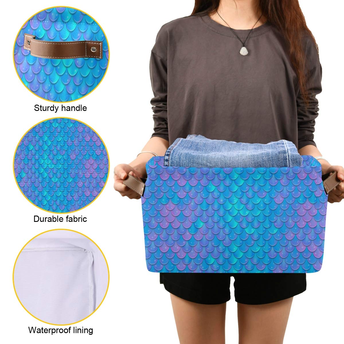 Blue Mermaid Storage Baskets - Collapsible Fabric Bin for Home & Bedroom Organization