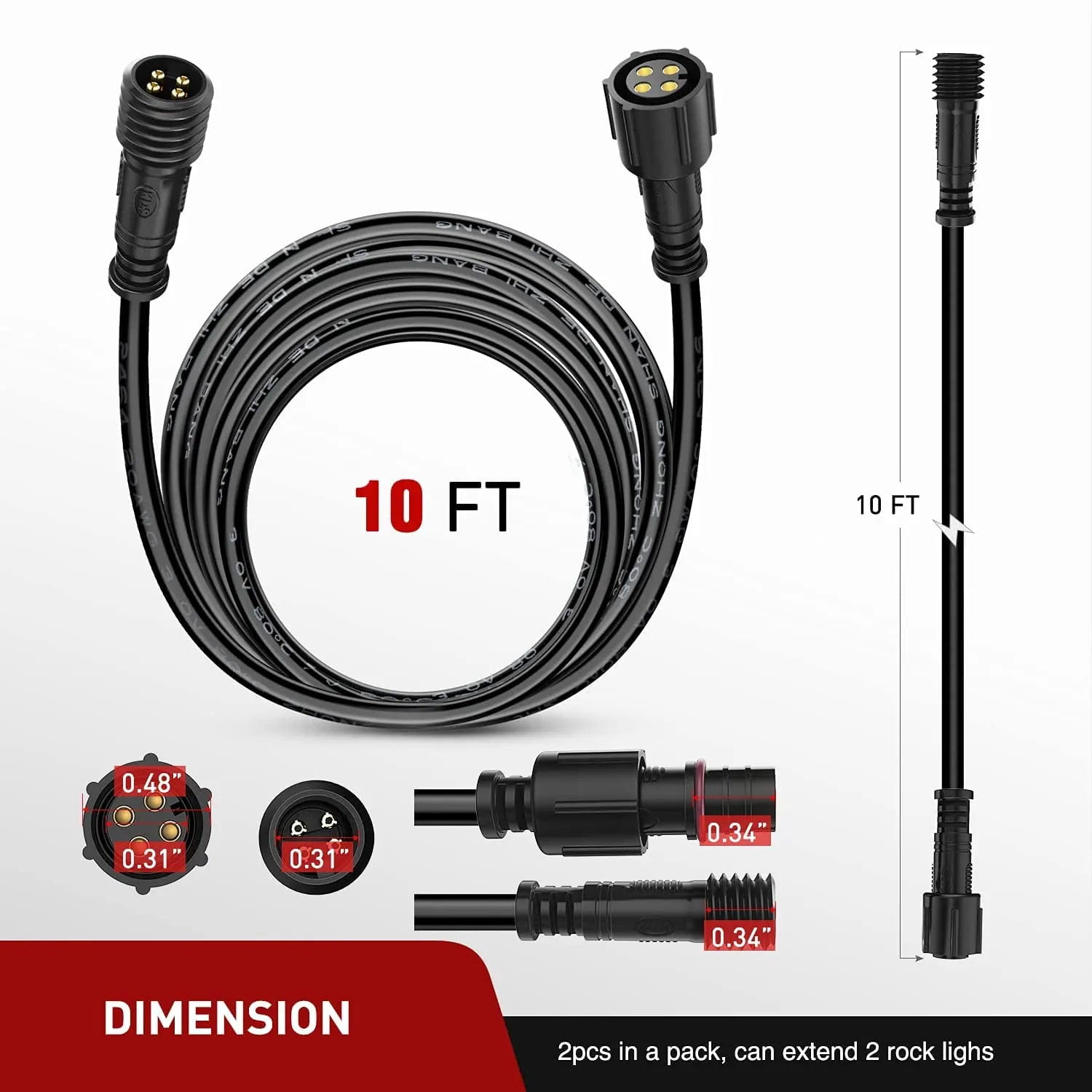 2PCS 10FT 4Pin RGB Rock Light Extension Wire Cable for 4 & 8 Pods - Waterproof LED Strip Connector for Off-Road Trucks, Jeeps & ATVs - Perfect for Underbody Lighting & Custom Car Decoration