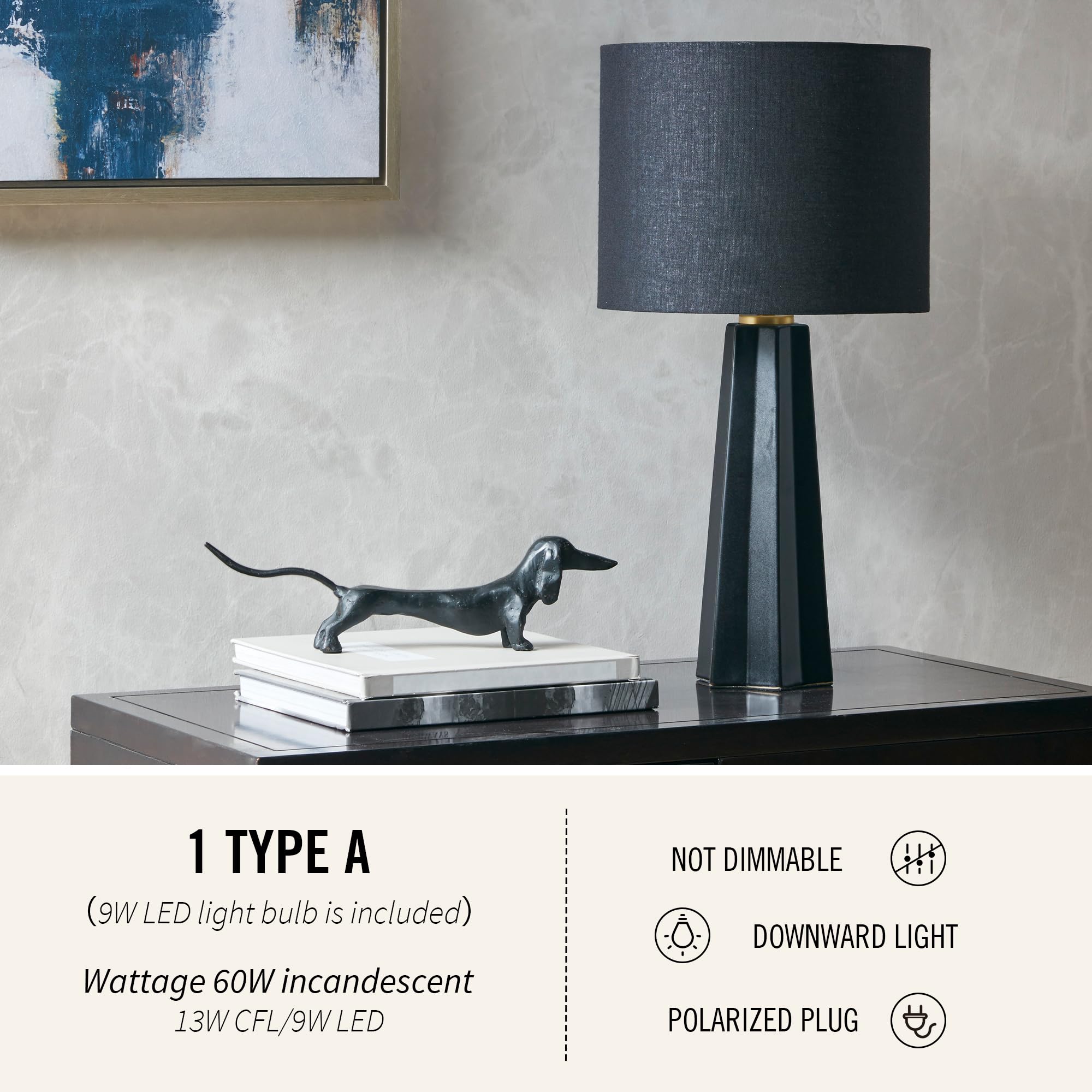 INK+IVY Matte Black Ceramic Table Lamp - Modern Geometric Nightstand Lamp with Linen Drum Shade, Fluted Design, Rotary Switch & Polarized Plug, 22