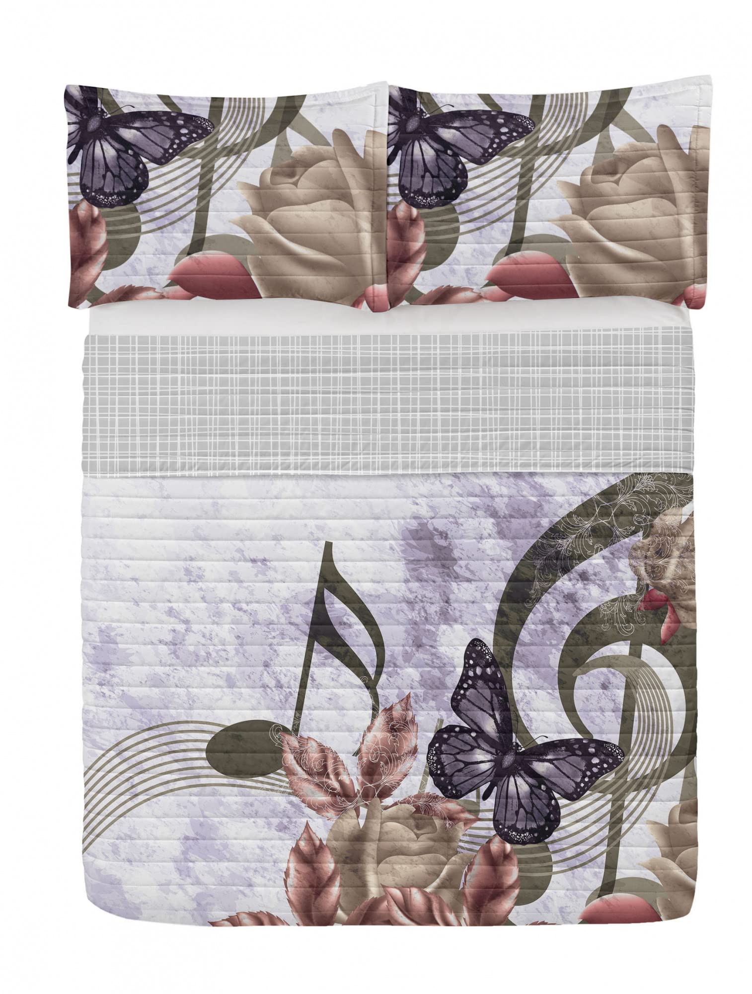 Ambesonne Reversible Queen Size Bedspread Set - Music Roses Victorian Floral Design, Microfiber Comforter & Pillow Shams in Dark Sepia | Romantic Bedroom Decor, Vintage Bridal Theme, Perfect for Guest Rooms & Master Suites