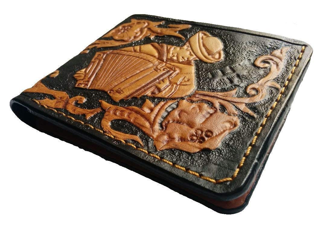 Sheridan Style Floral Accordion Music Inspired RFID Men's Bifold Wallet - Genuine Leather Biker Wallet with Embossed Airbrush Art - Handmade Custom Personalized Leather Purse for Travel, Gifts & Everyday Use