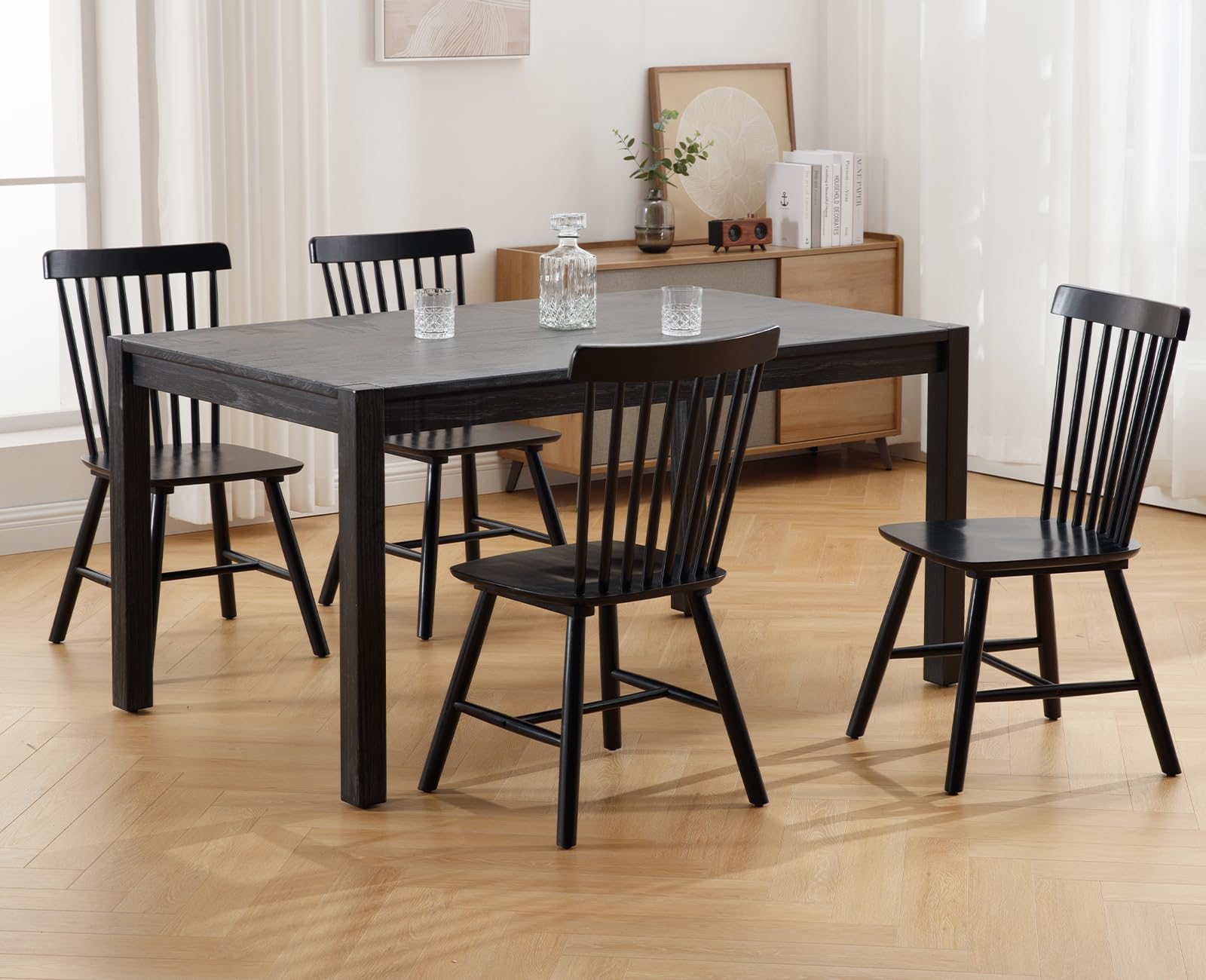 Kmax 4-Piece Vintage Windsor Dining Chairs Set - Solid Wood Farmhouse Kitchen Chairs with Black Finish | Perfect for Country Style Kitchens, Breakfast Nooks & Cozy Dining Rooms
