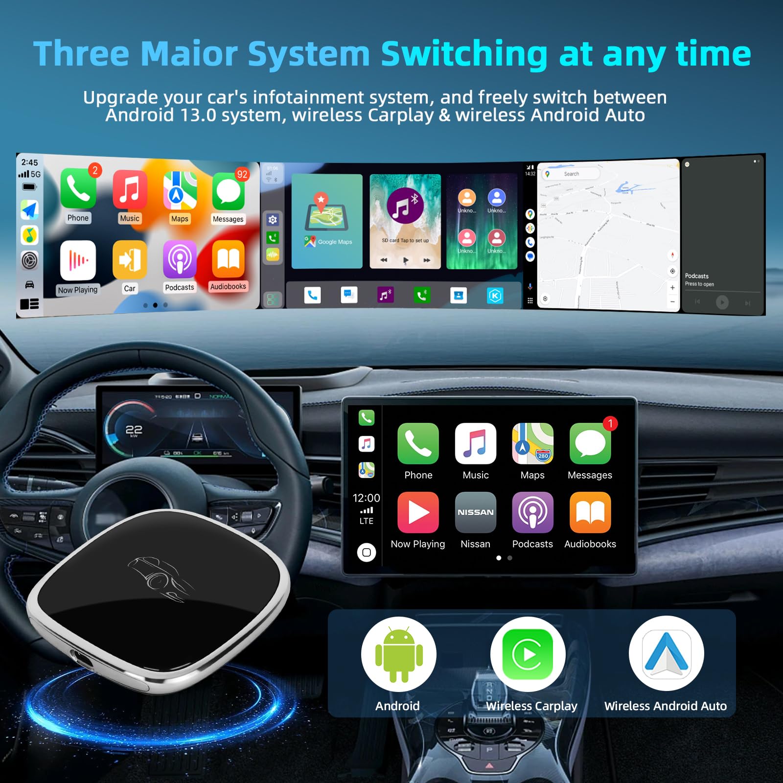 Podofo 4+64GB 8-Core Android 13 CarPlay AI Box - Wireless Apple CarPlay & Android Auto Adapter with Bluetooth, Plug & Play, Auto-Connect - Supports Mirror Link, SIM Card, Netflix & YouTube - Perfect for Tesla, BMW, Audi & More (Car Entertainment Upgrade)