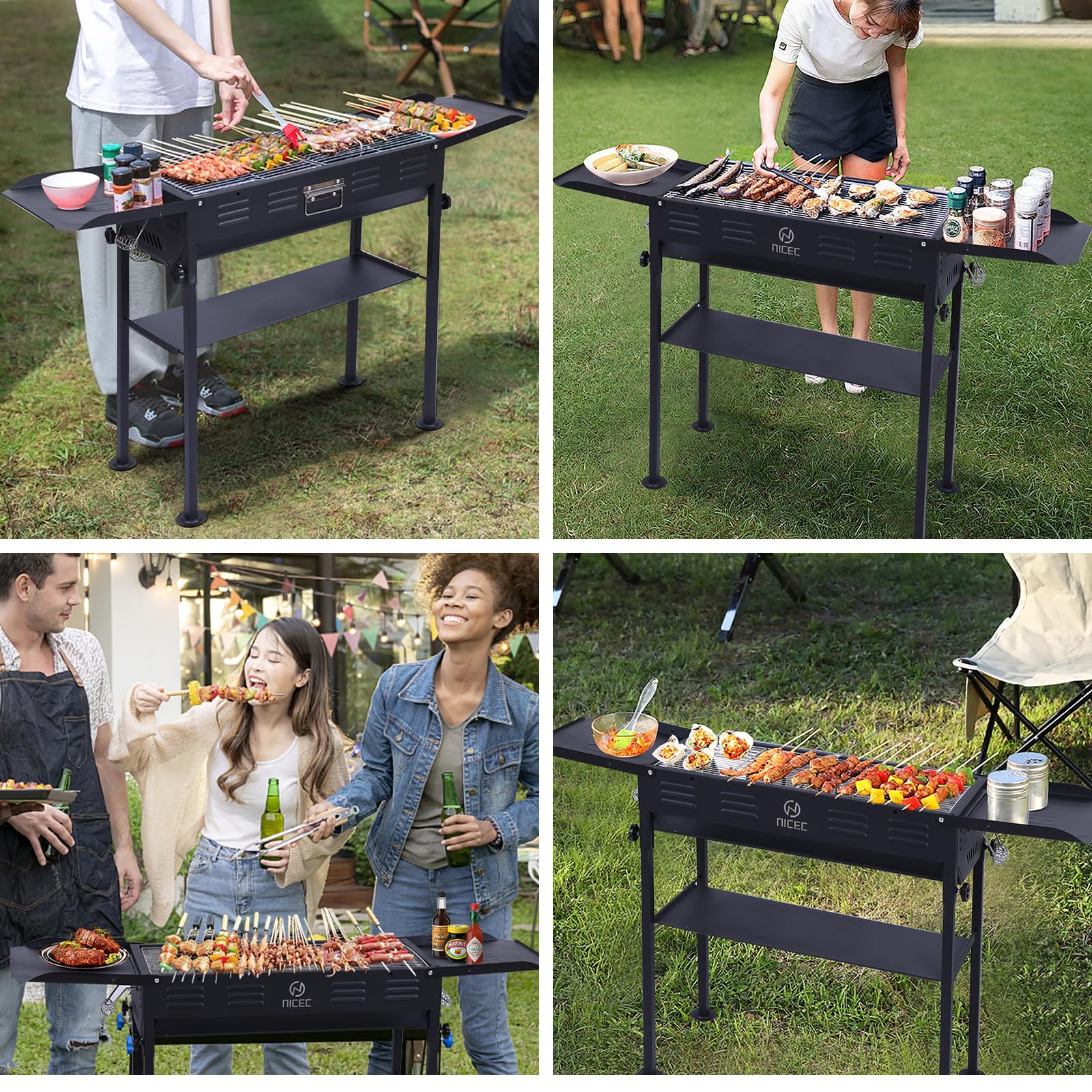 Portable Charcoal Grill for Camping - Folding BBQ Grill with Side Table, Storage Shelf & Carry Bag - Stainless Steel Hibachi Skewer Grill for Outdoor Cooking, Picnics, Backyard & Tailgating (Black)