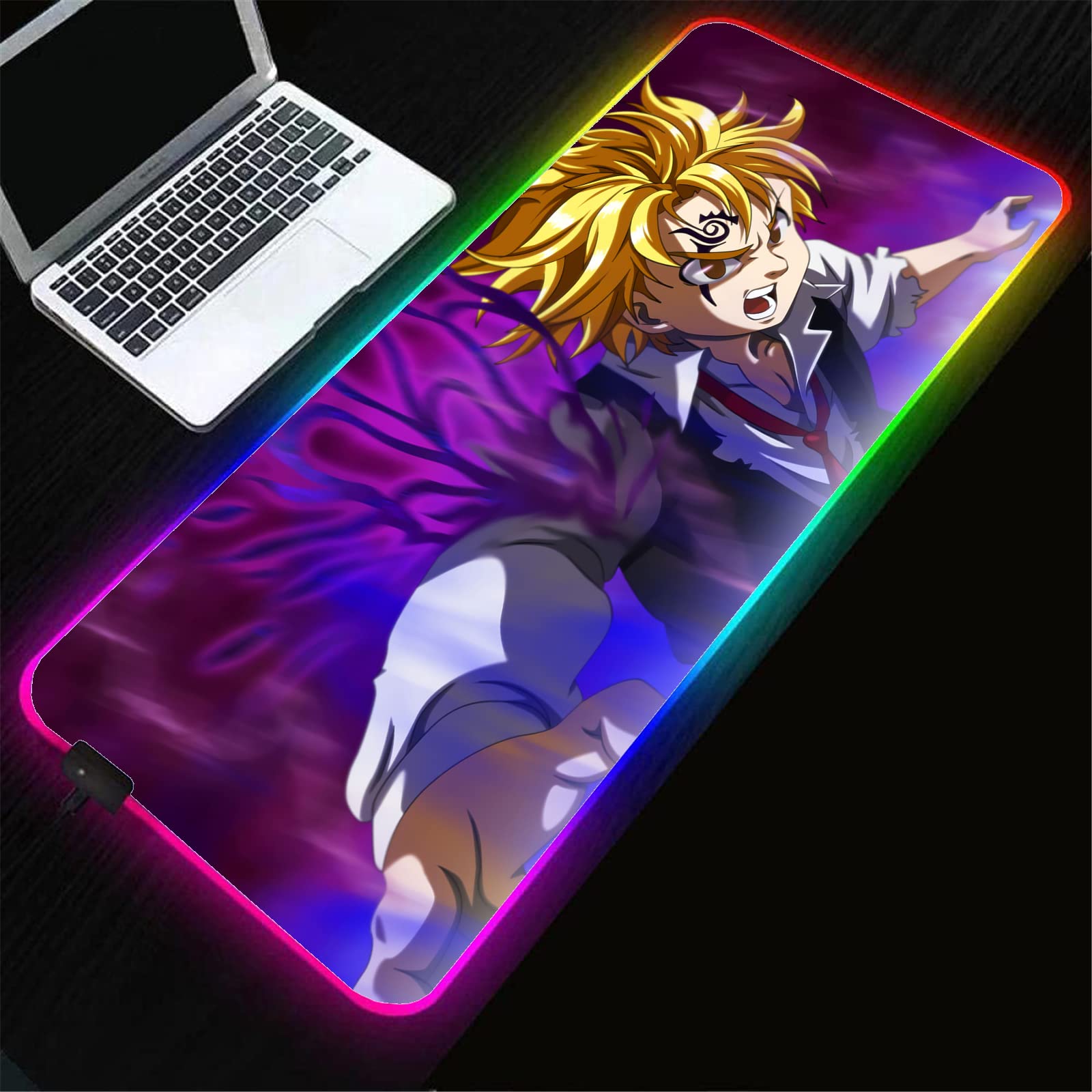 Anime The Seven Deadly Sins RGB Gaming Mouse Pad - XXL 23.62 x 12 Inch LED Backlit Mousepad for PC, Laptop, Keyboard - Non-Slip Desk Mat for Gamers, Office & Home Workspace