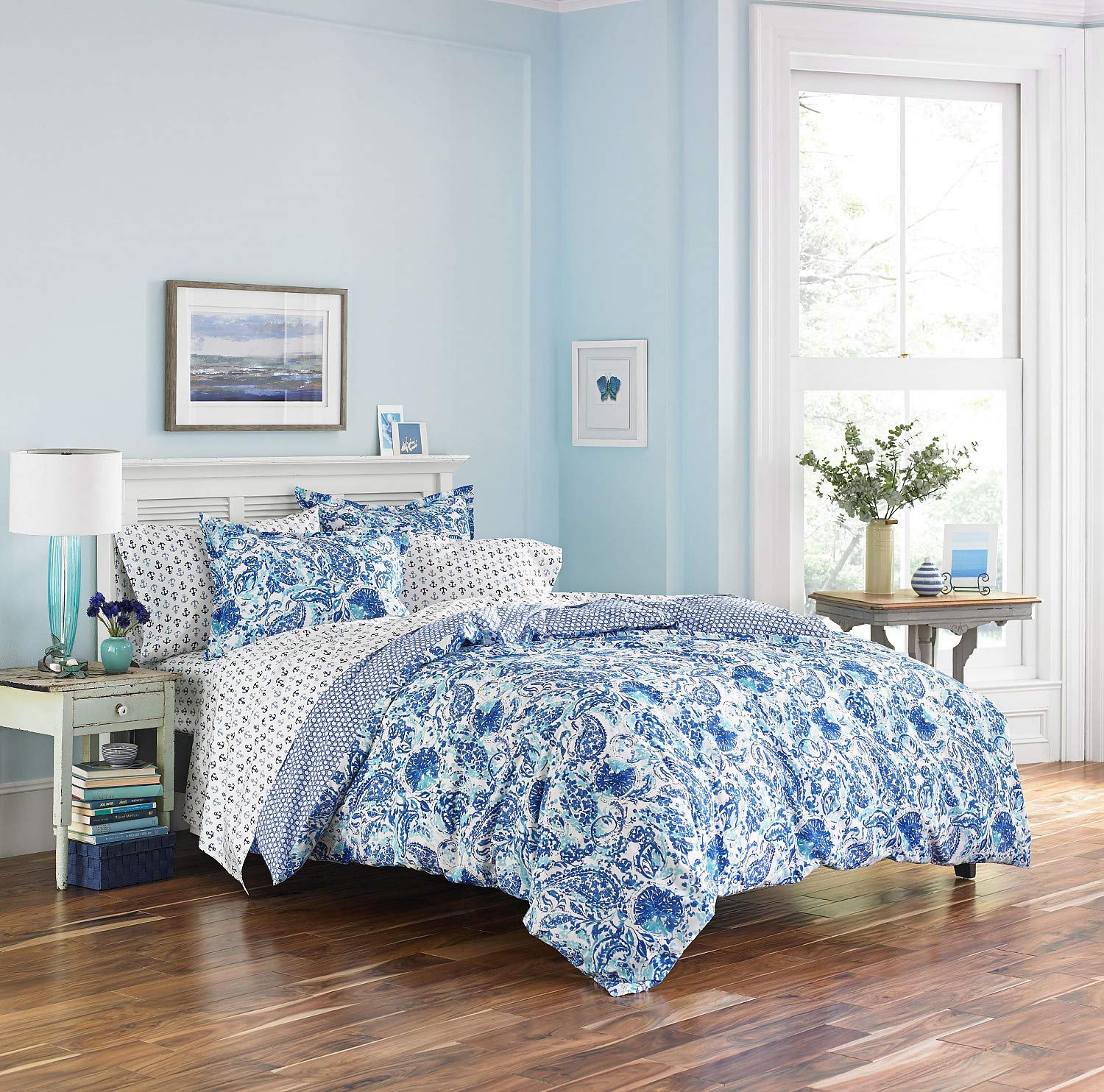 Poppy & Fritz Reversible Queen Comforter Set - All-Season Medium Weight Cotton Bedding with Matching Shams (Brooke Blue) | Cozy Home Decor for Master Bedroom & Guest Room