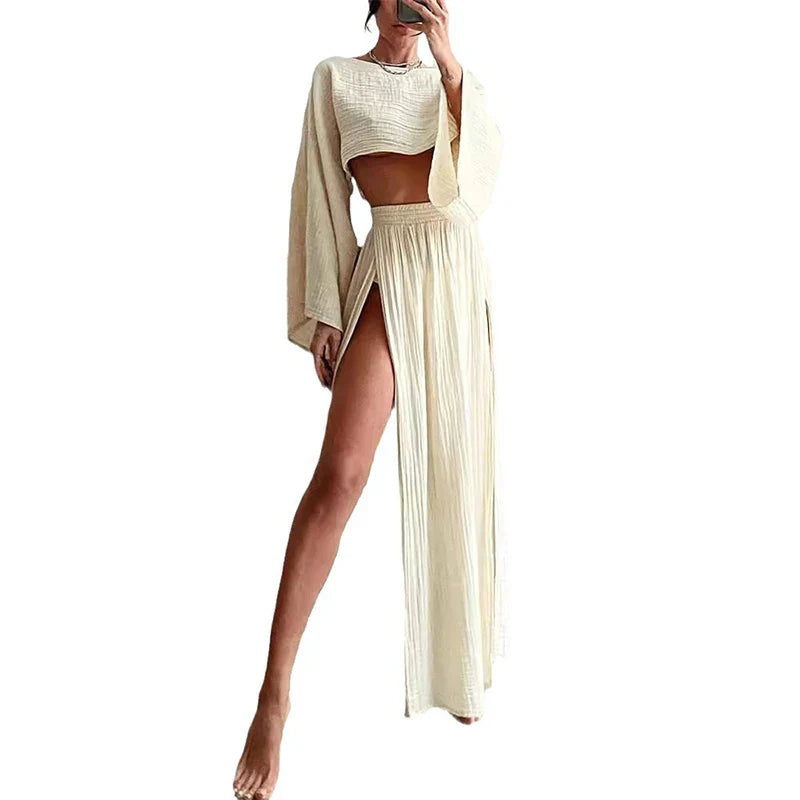 Stylish Women's Linen 2-Piece Set - Crop Top & High Waist Slit Maxi Skirt | Summer Beach Cover Up, Lounge Wear & Vacation Outfit | Breathable Linen Fabric for Casual, Boho & Date Night Looks