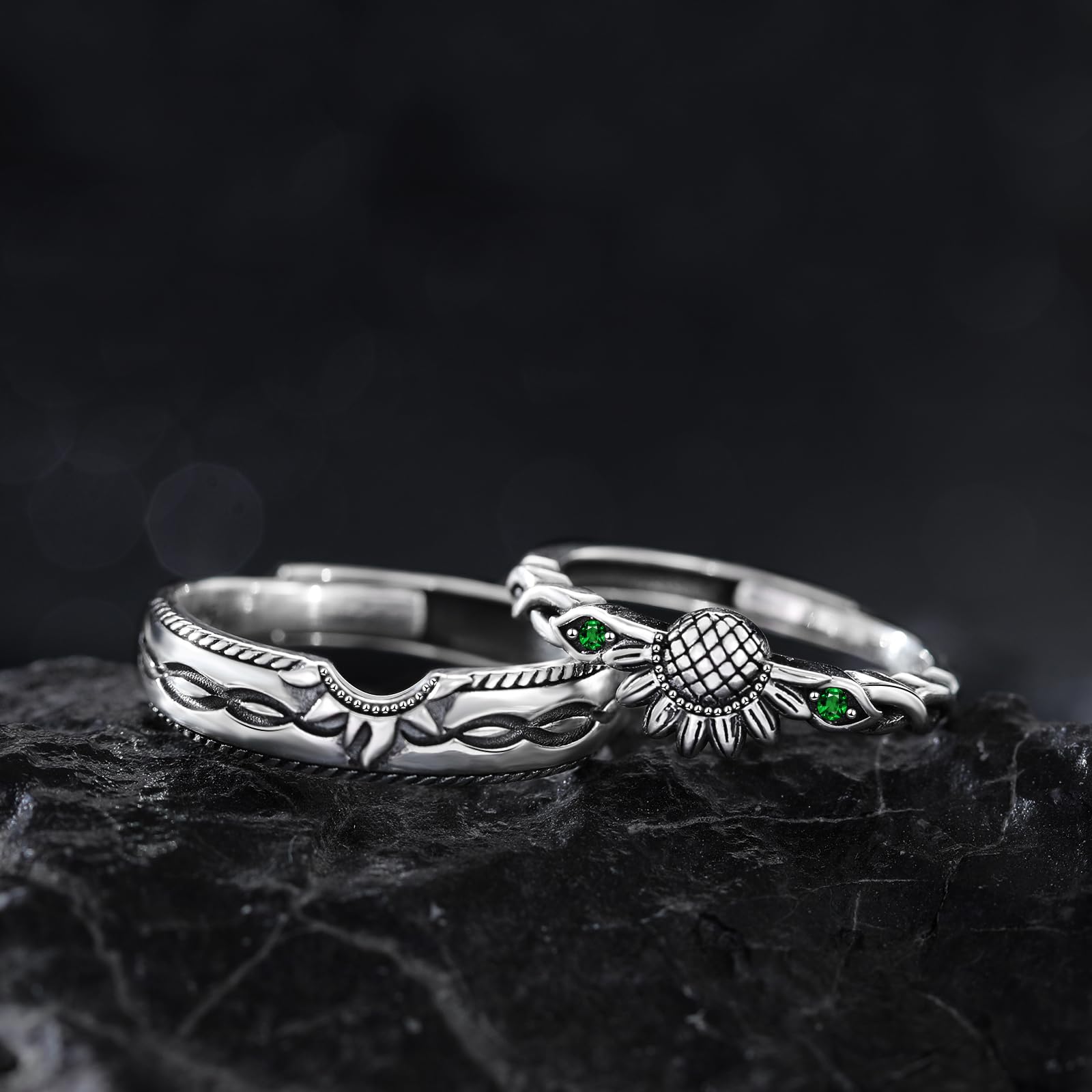 Promise Rings for Couples - Sterling Silver Adjustable Matching Wedding Bands for Him & Her - Emerald Sunflower Engagement Rings - Perfect for Anniversaries, Proposals & Romantic Gifts